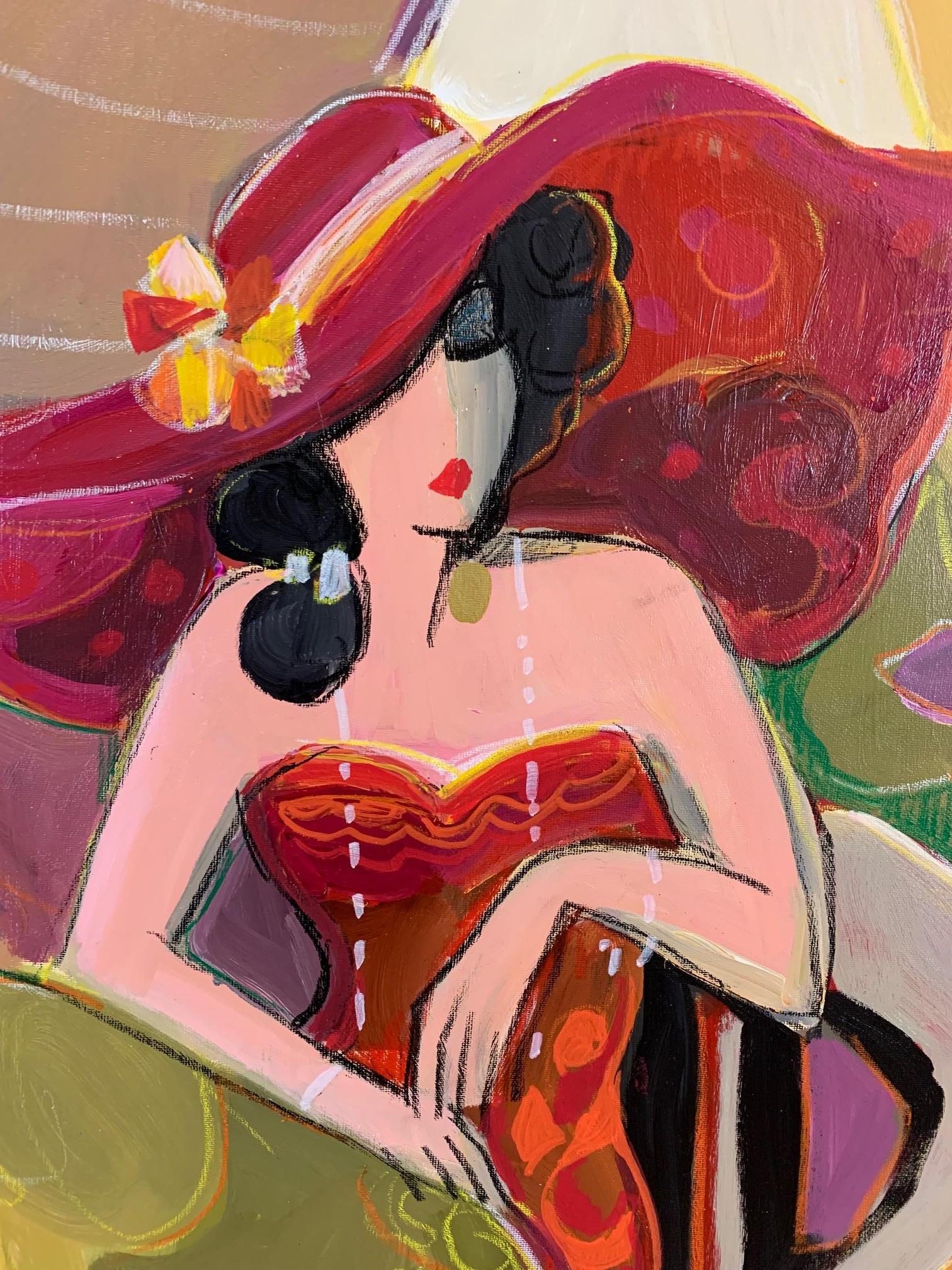 Une fabuleuse huile sur toile originale d'Isaac Maimon représentant l'une de ses cafetières parisiennes stylisées, vêtue d'une robe rouge sans bretelles et d'un chapeau spectaculaire.

Mesure encadrée 38.5