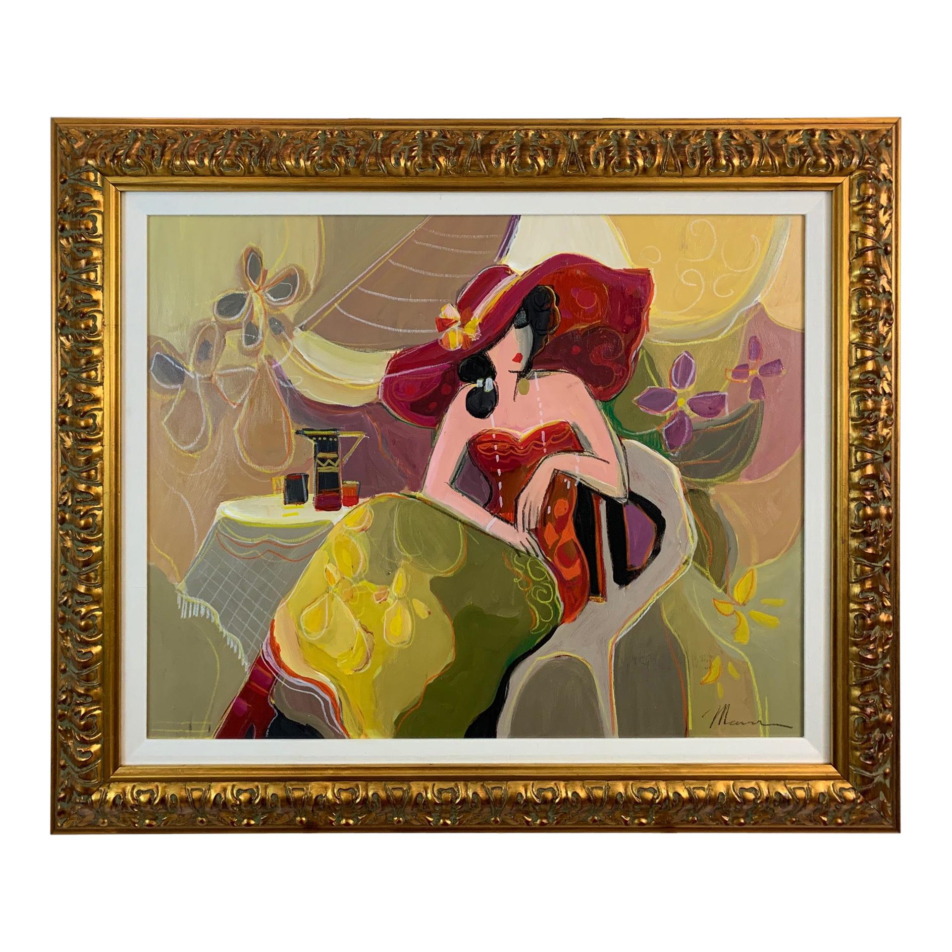 Dramatic Lady in Red Painting by Isaac Maimon For Sale