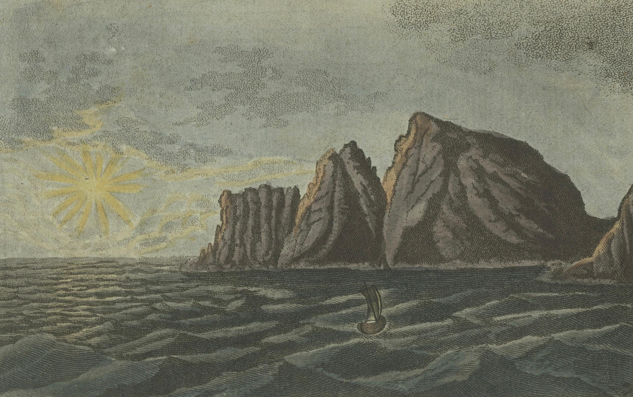 The Northern Lights or the Aurora Borealis, and the sun at midnight as seen from the North Cape, Norway. 

Handcoloured copperplate engraving from Bertuch's 