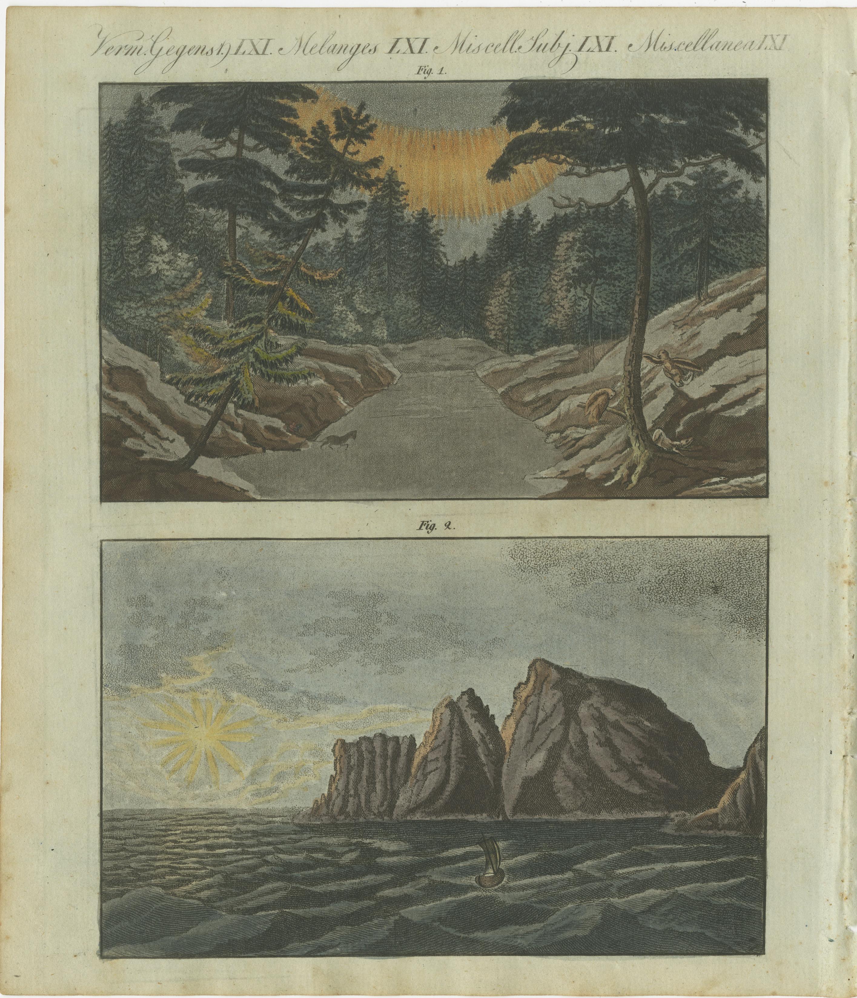 Early 19th Century Dramatic Landscapes: Aurora Borealis in a Forest and Rugged Coastal Cliffs, 1805 For Sale