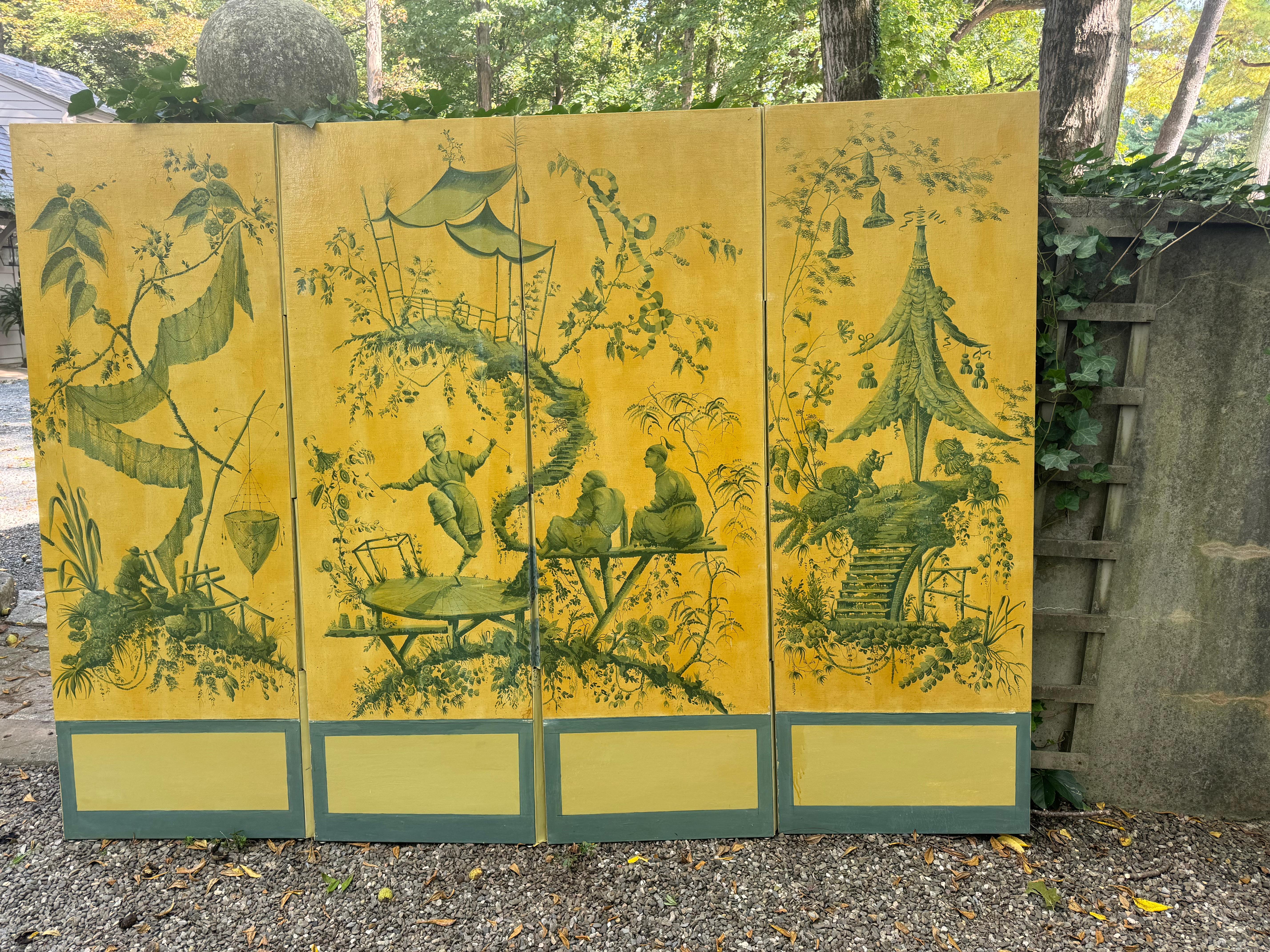 Dramatic large 4 panel Chinoiserie screen in a striking color combination of yellow and teal having Asian painted scenes.  Each panel is 25.25” w
Solid color on reverse.  Great as a room divider, screen or headboard.
