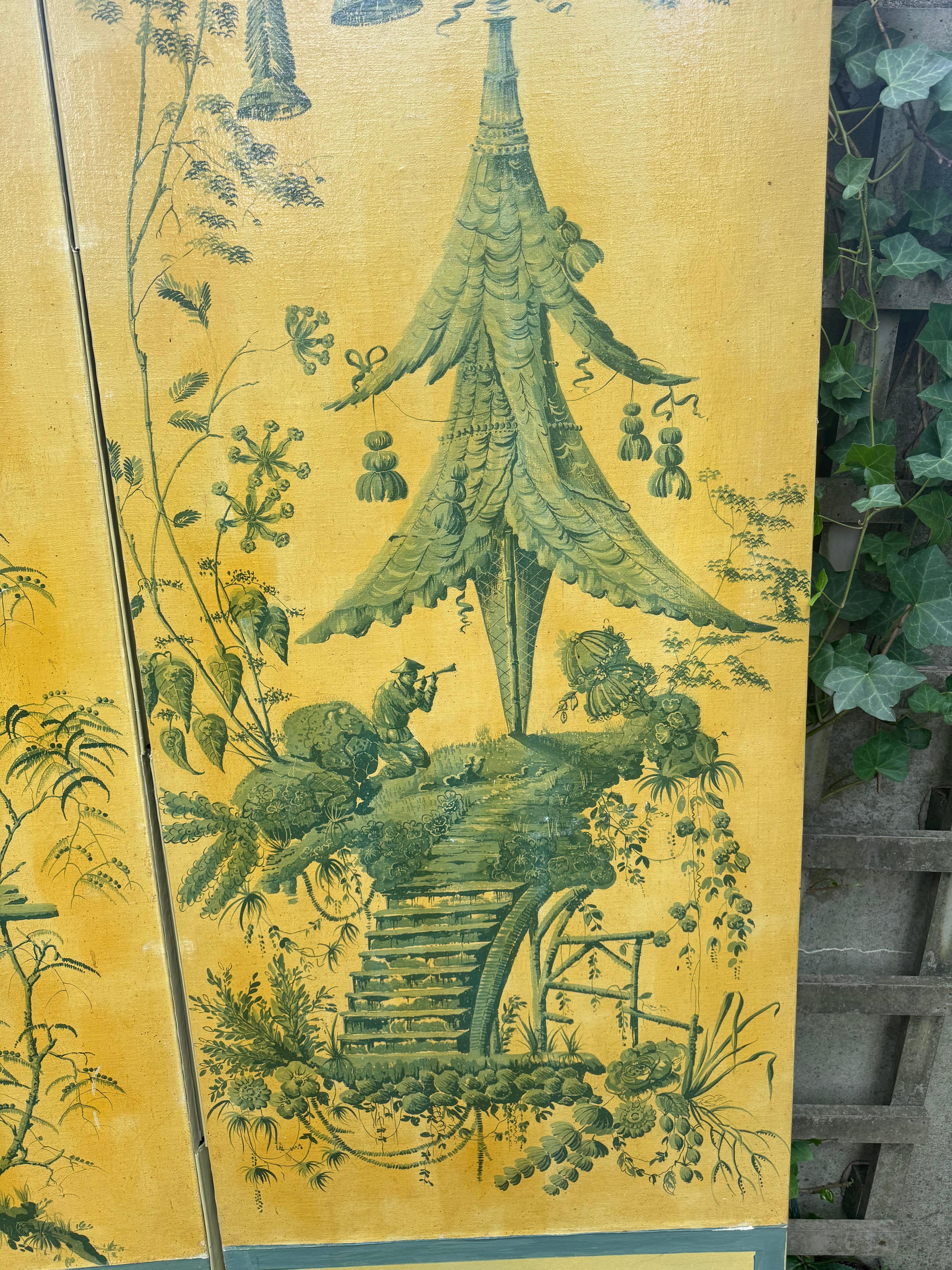 American Dramatic Large 4 Panel Chinoiserie Screen in Rare Color Palette