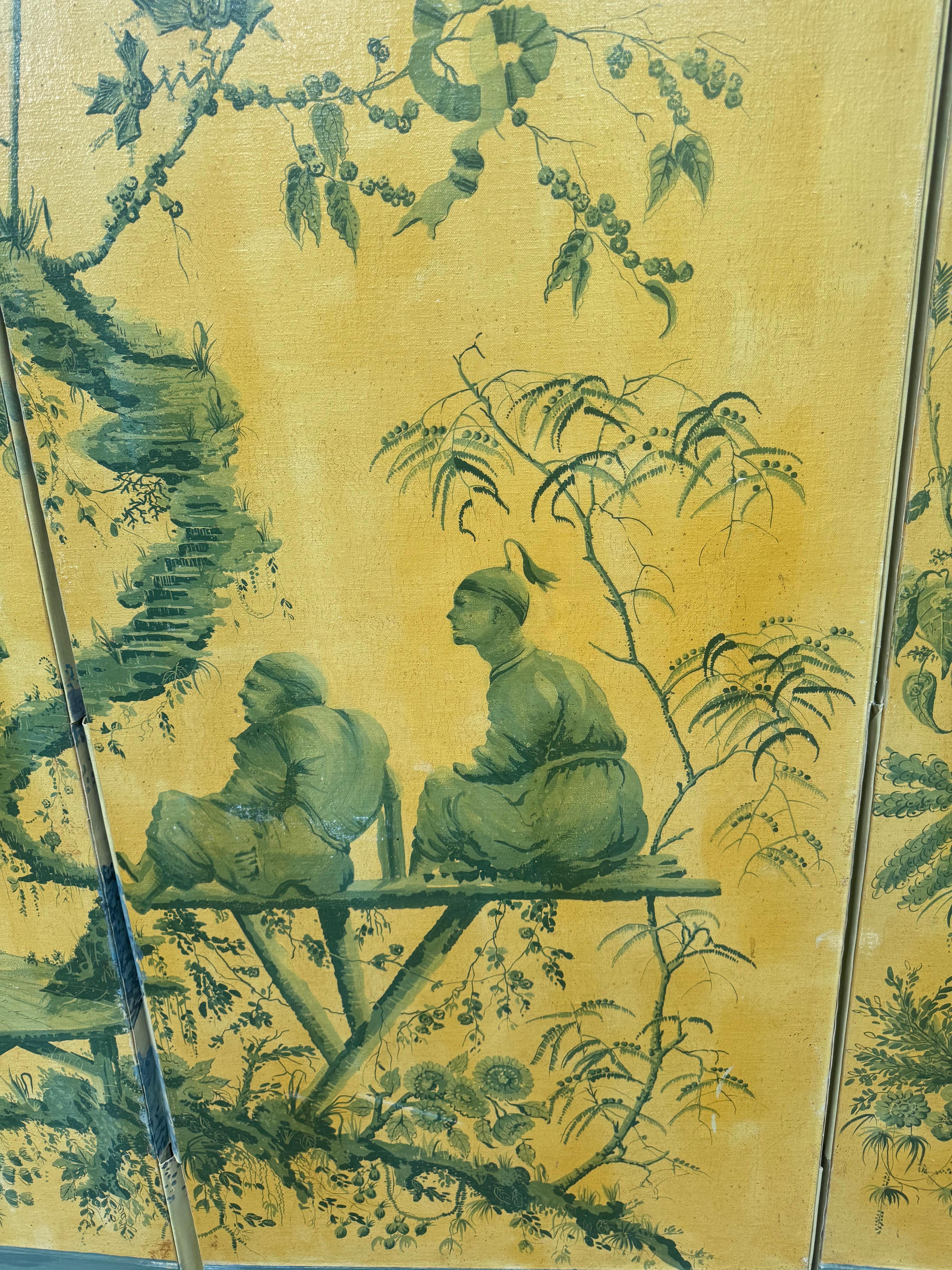 Dramatic Large 4 Panel Chinoiserie Screen in Rare Color Palette In Good Condition In Hopewell, NJ