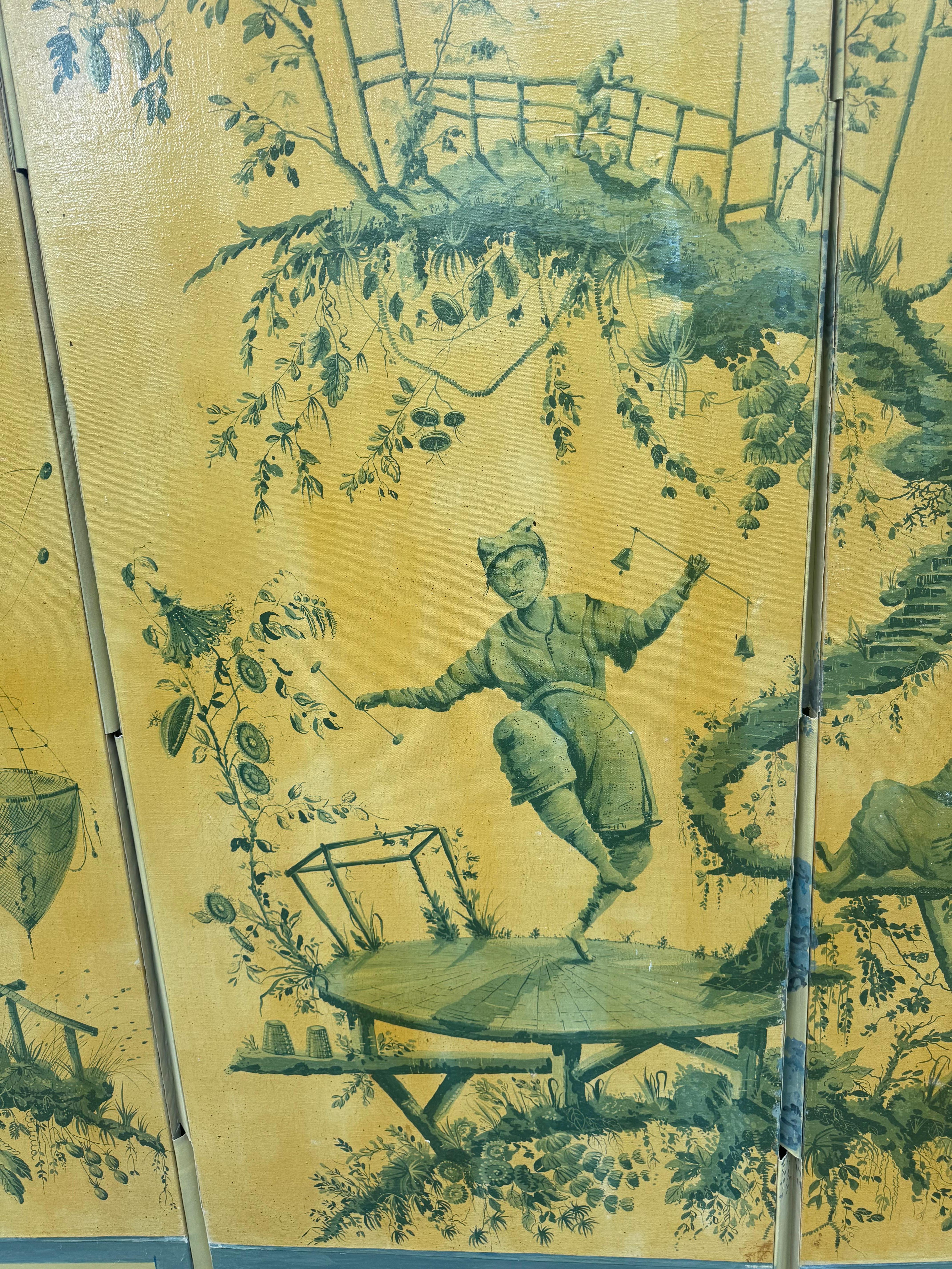 20th Century Dramatic Large 4 Panel Chinoiserie Screen in Rare Color Palette