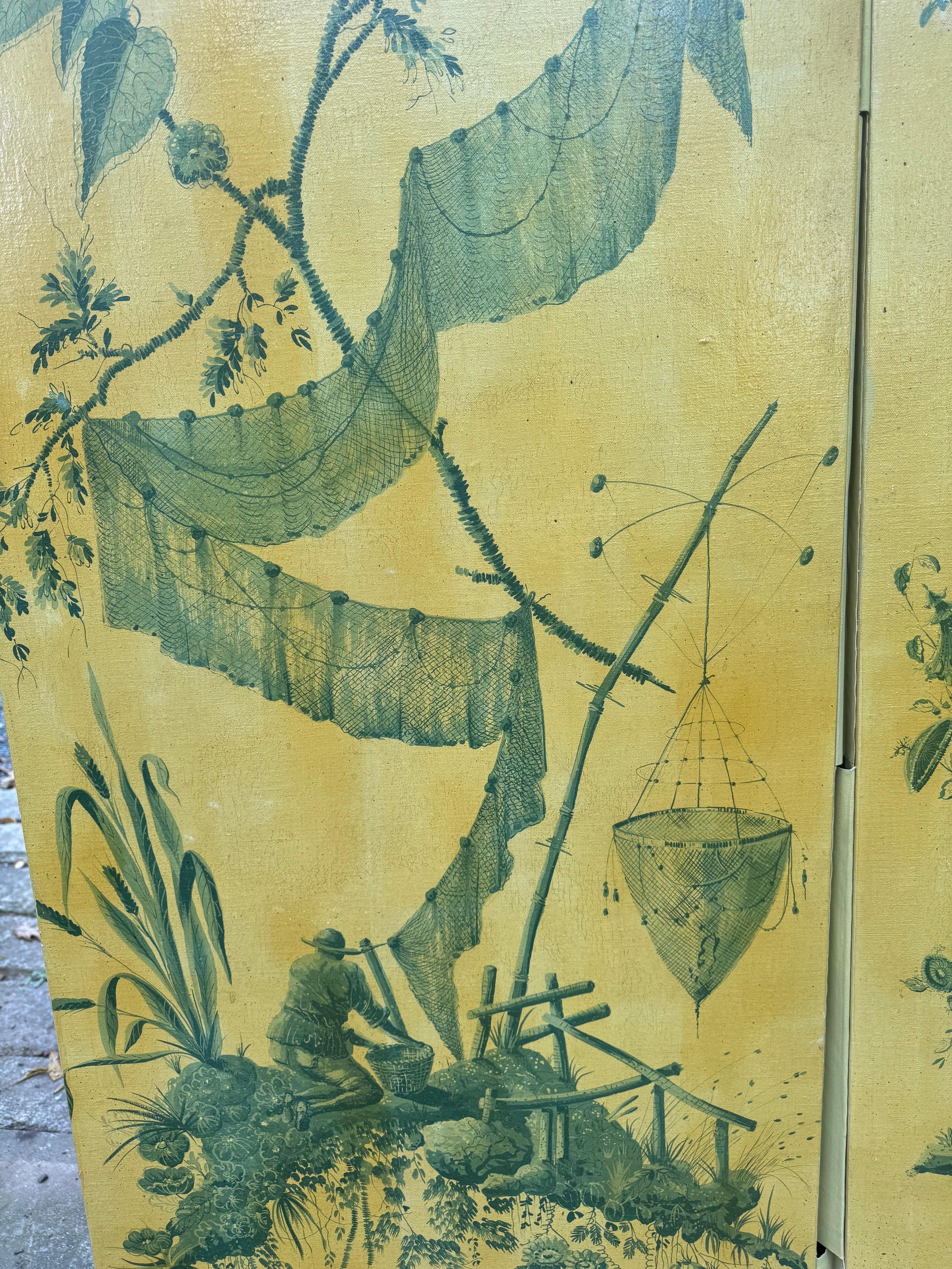 Wood Dramatic Large 4 Panel Chinoiserie Screen in Rare Color Palette