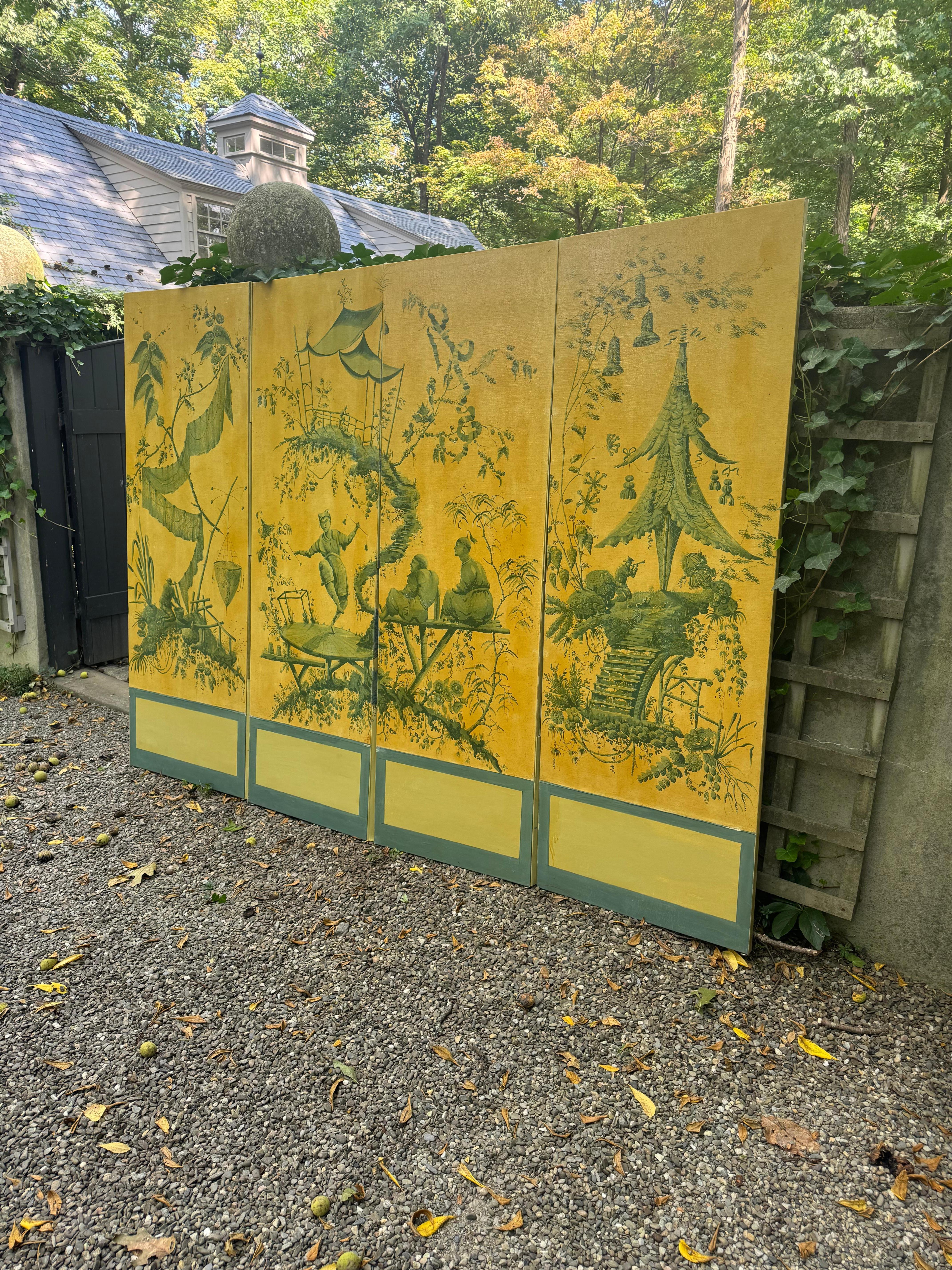 Dramatic Large 4 Panel Chinoiserie Screen in Rare Color Palette 2