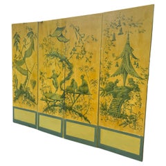Dramatic Large 4 Panel Chinoiserie Screen in Rare Color Palette