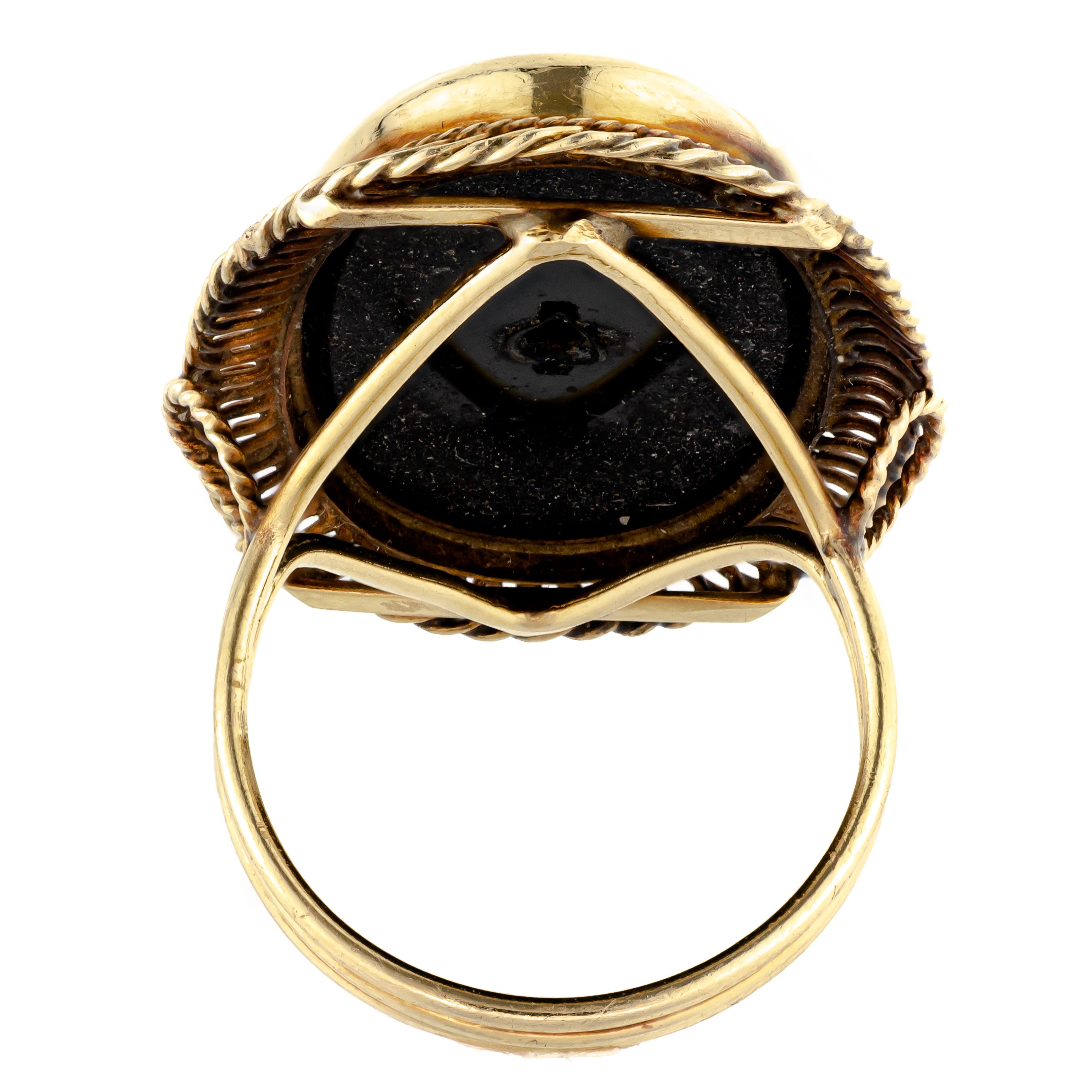 Single Cut Dramatic Large and Impressive Circa 1930 Black Onyx Diamond Yellow Gold Ring For Sale