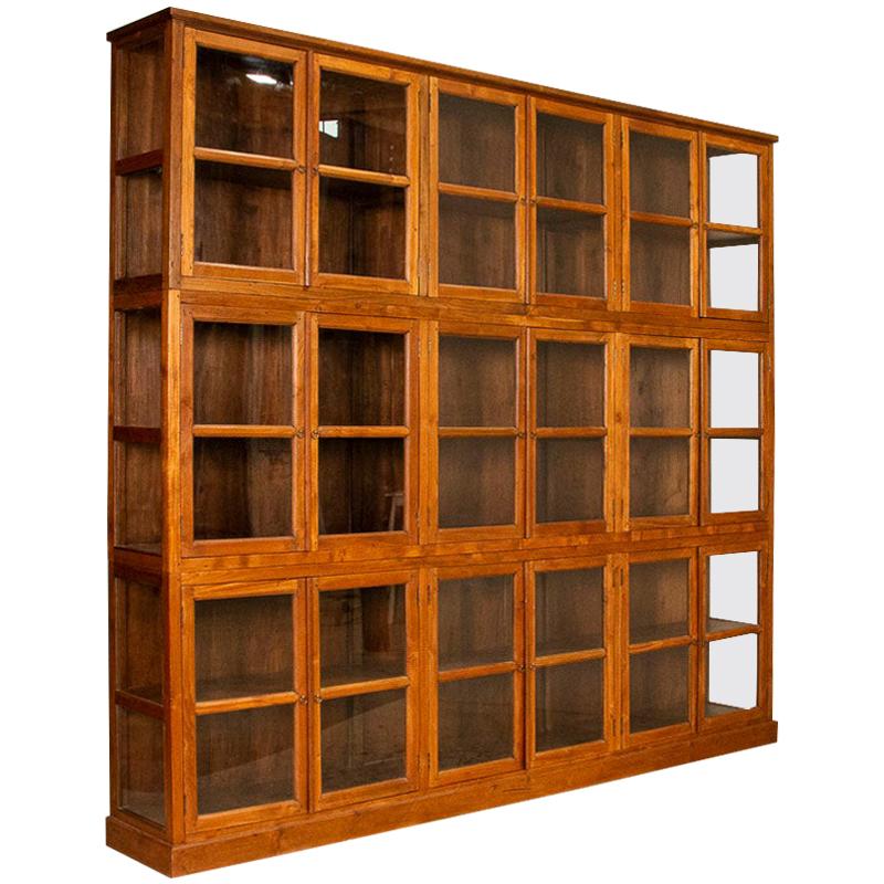 Dramatic Large Antique Glass and Pine Bookcase Display Cabinet in Three Sections