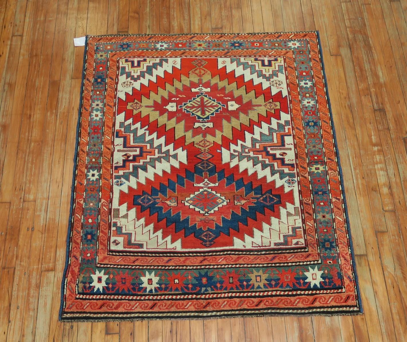 Futurist Dramatic Large Scale 20th Century Antique Russian Karabagh Square Rug For Sale