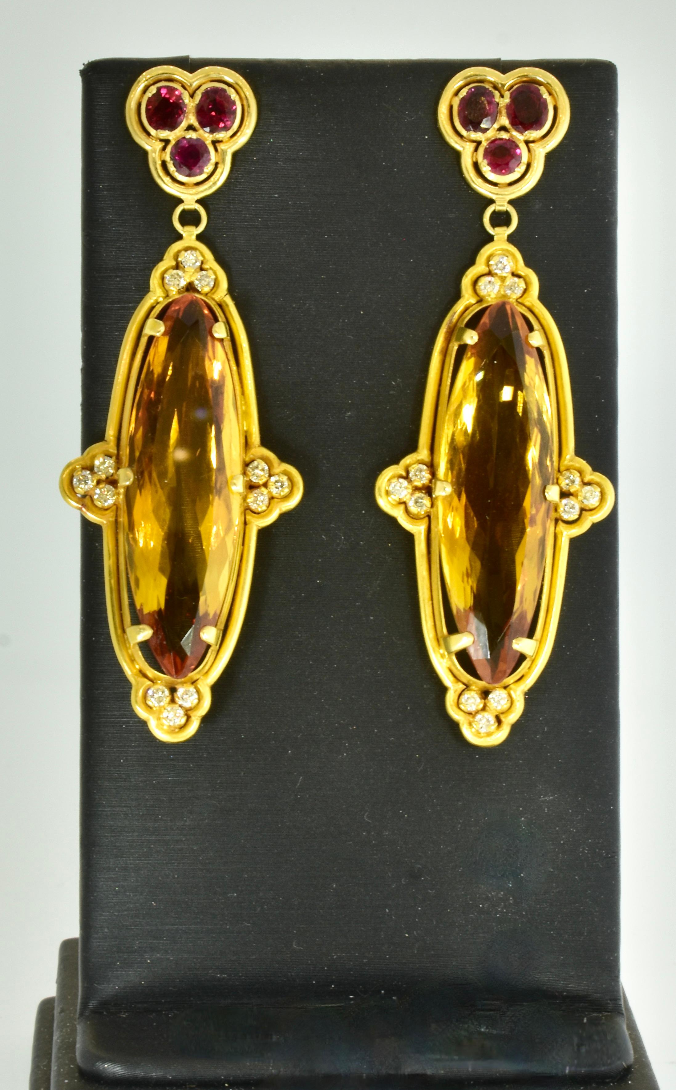 Contemporary Dramatic Long Citrine, Burma, no heat, Ruby and Diamond 18K Vintage Earrings For Sale