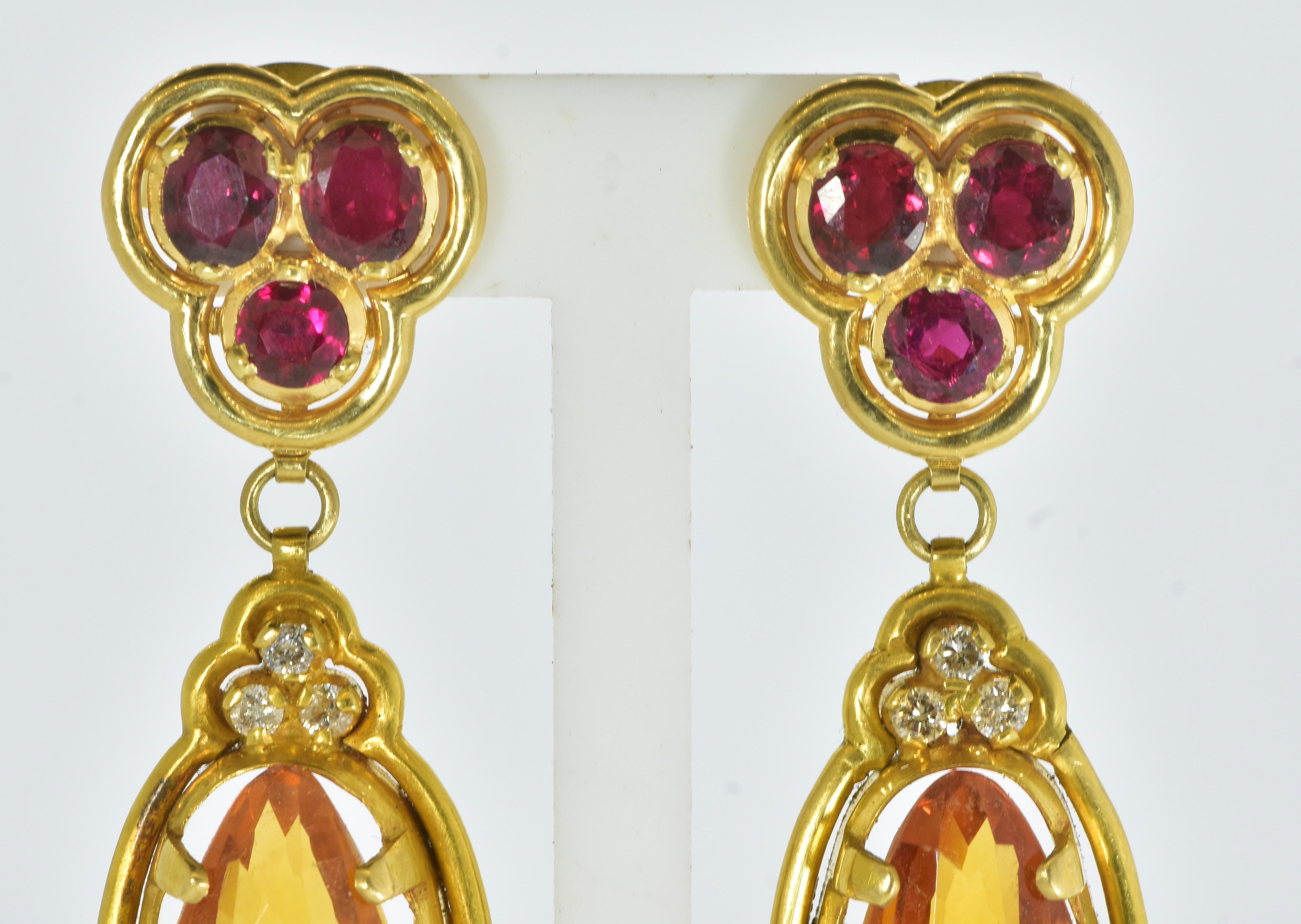 Contemporary Dramatic Long Citrine, Burma, no heat, Ruby and Diamond 18K Vintage Earrings For Sale