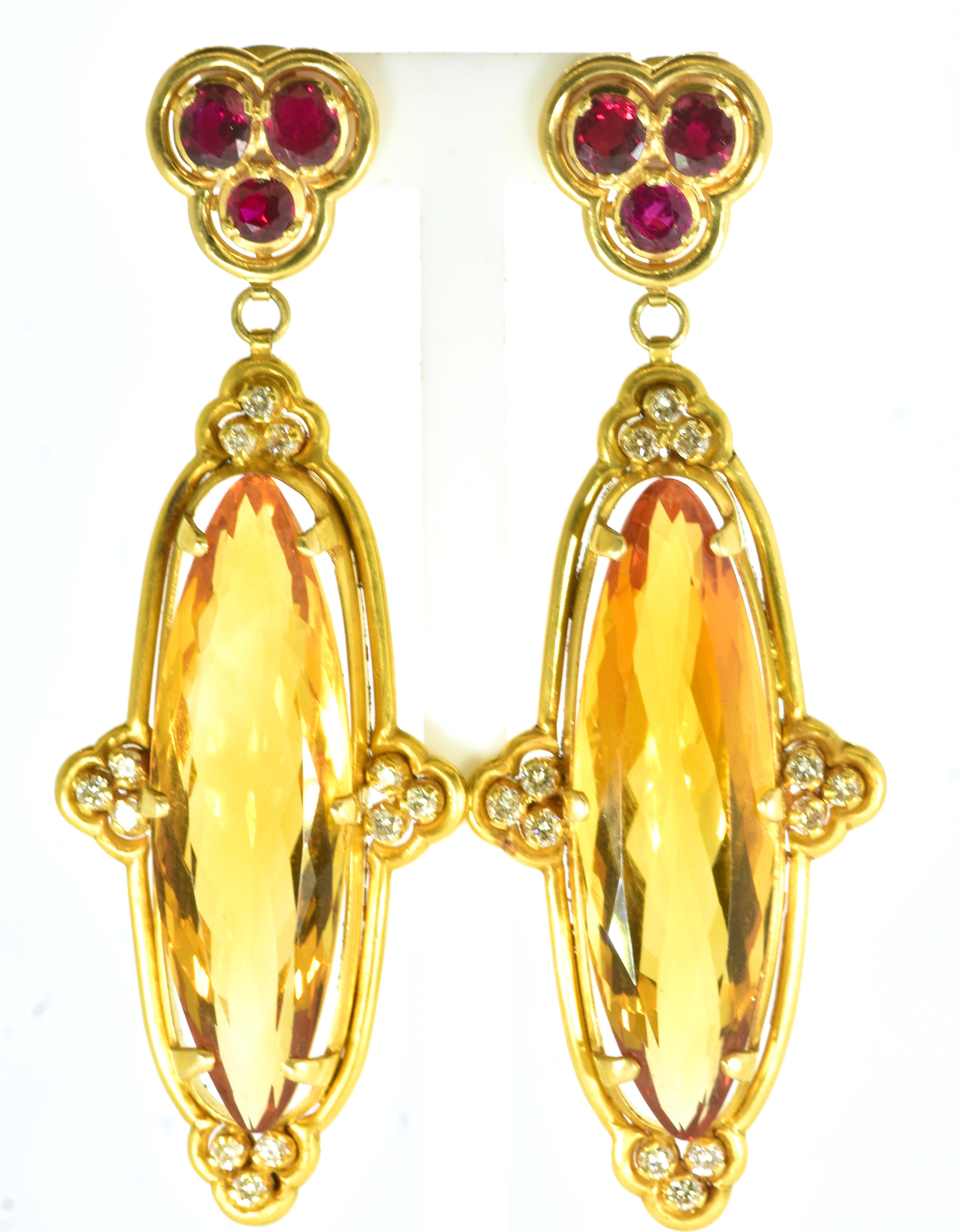 Dramatic Long Citrine, Burma, no heat, Ruby and Diamond 18K Vintage Earrings In Excellent Condition For Sale In Aspen, CO