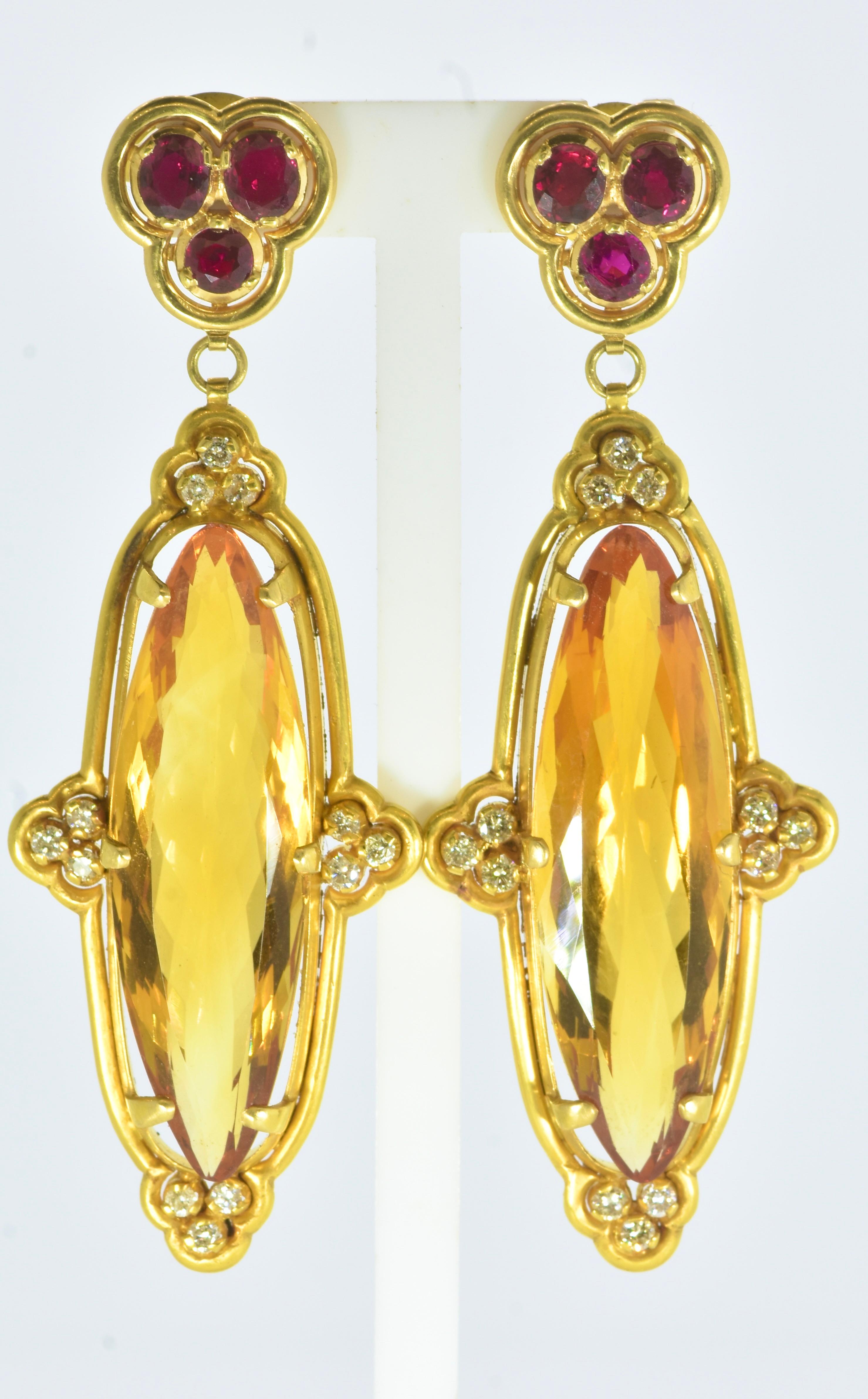 Dramatische lange Citrin-Ohrringe aus Burma, keine Hitze, Rubin und Diamant 18K Vintage