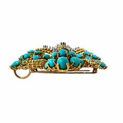 Dramatic Mid-20th Century Gold Turquoise & Diamond Brooch/Pendant 2 3/4 Inches