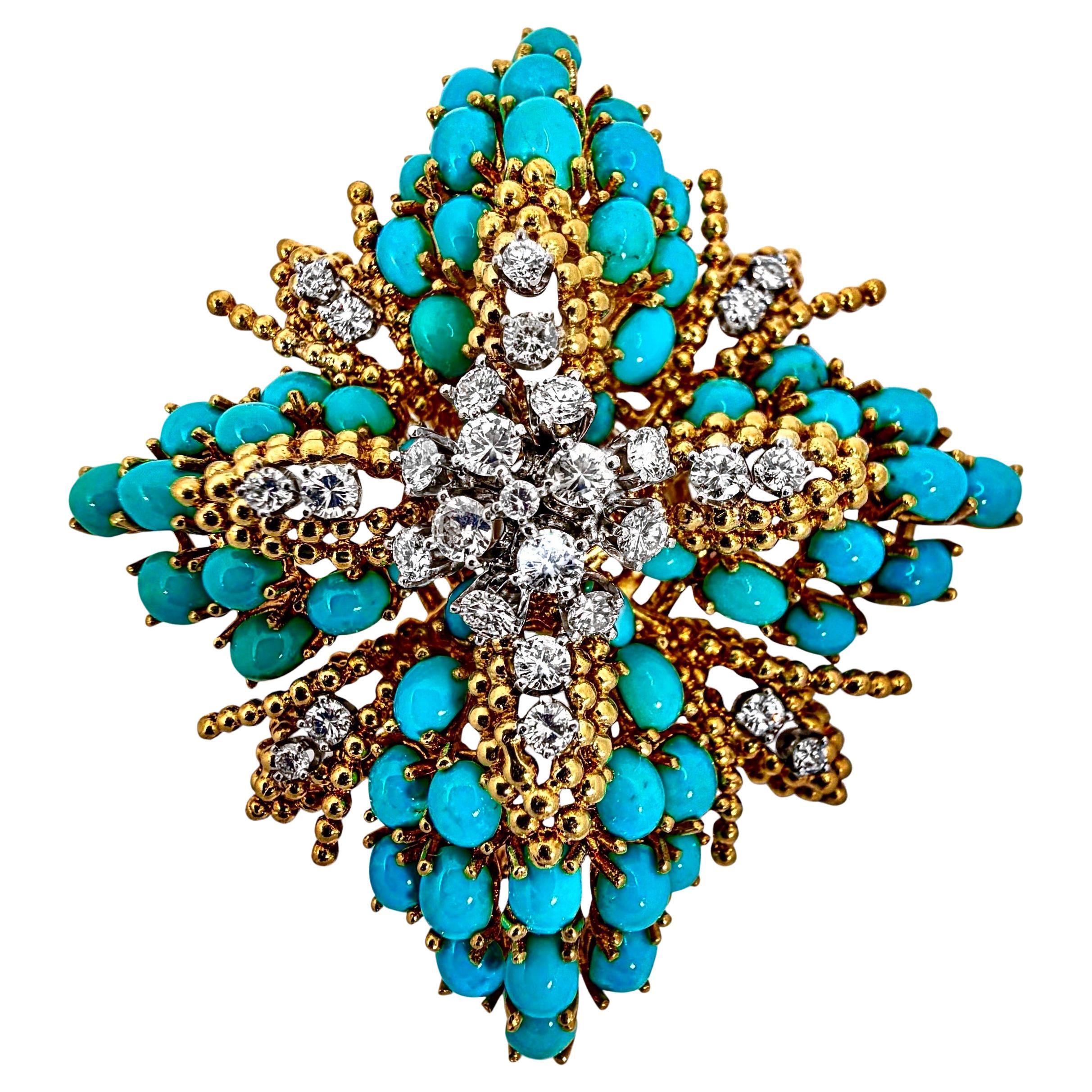 Dramatic Mid-20th Century Gold Turquoise & Diamond Brooch/Pendant 2 3/4 Inches