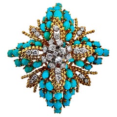 Dramatic Mid-20th Century Gold Turquoise & Diamond Brooch/Pendant 2 3/4 Inches