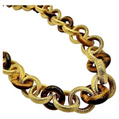 Vintage Dramatic Midcentury 18k Gold & Tiger-Eye Hard Stone Necklace