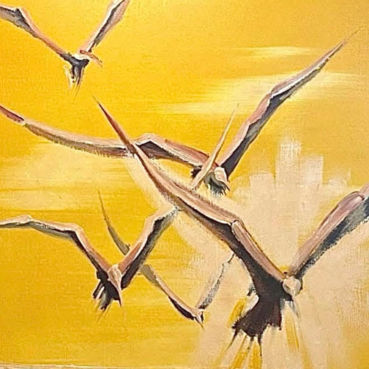 Dramatic, Mid Century Modern, Adrian, Signed and Framed, Nautical, Flock of Seagulls flying over water

Captivating imagery, as the flock of seagulls appear to be exploding off the canvas, giving the piece a very stylized 3D affect 

Measurements