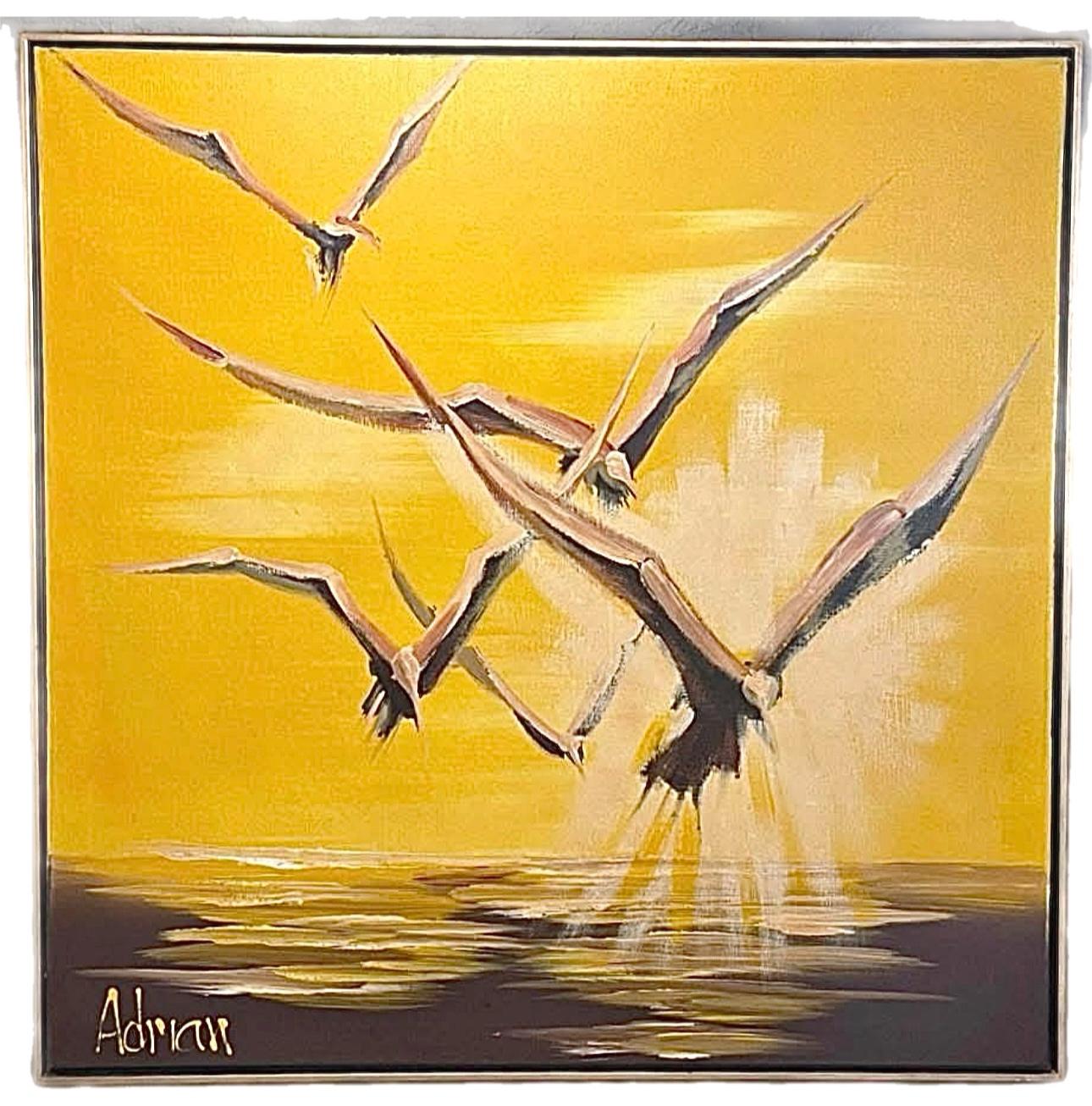 20th Century Dramatic Mid Century Modern Adrian Nautical Seagull Bird Framed Signed Painting For Sale