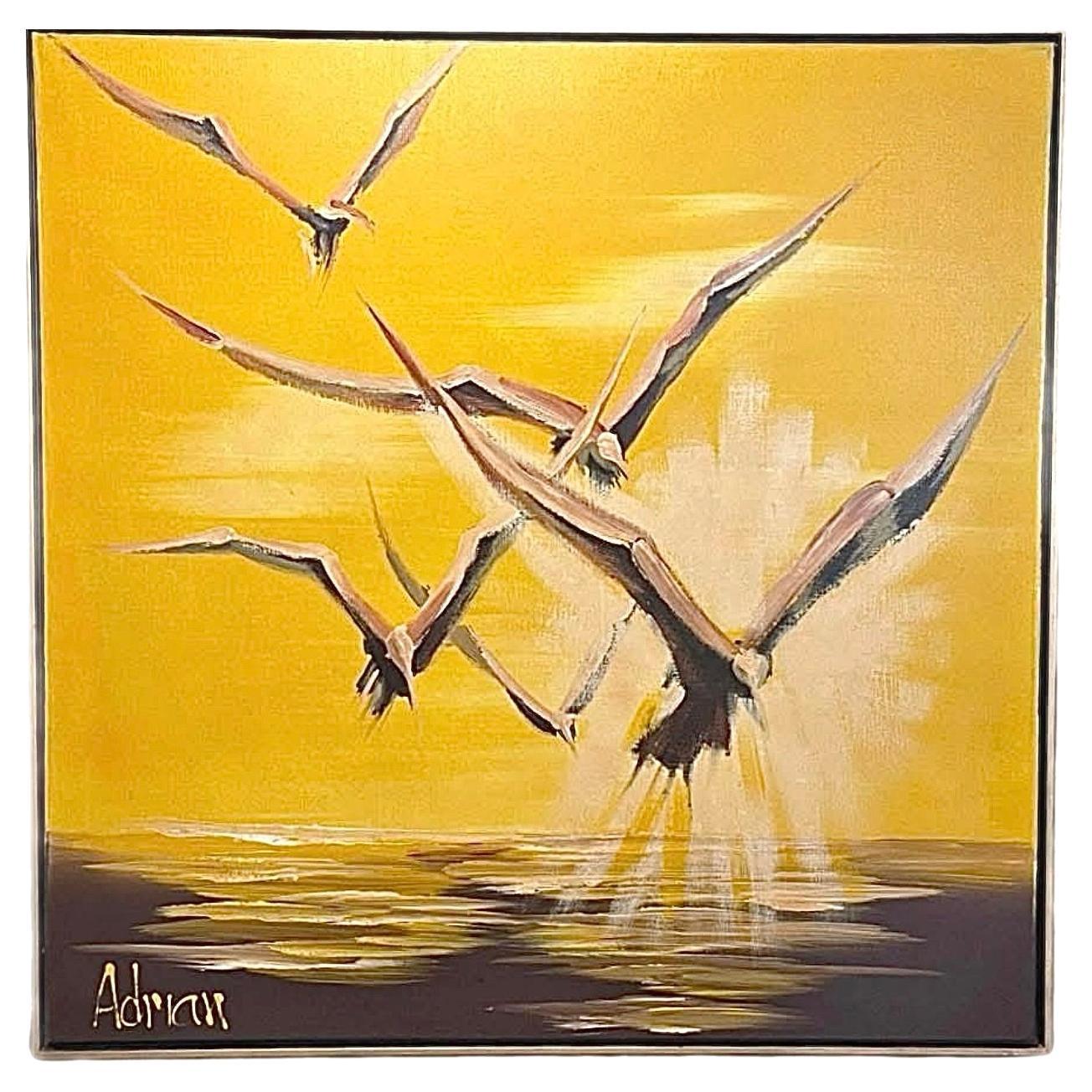 Tableau dramatique signé du milieu du siècle dernier Adrian Nautical Seagull Bird encadré