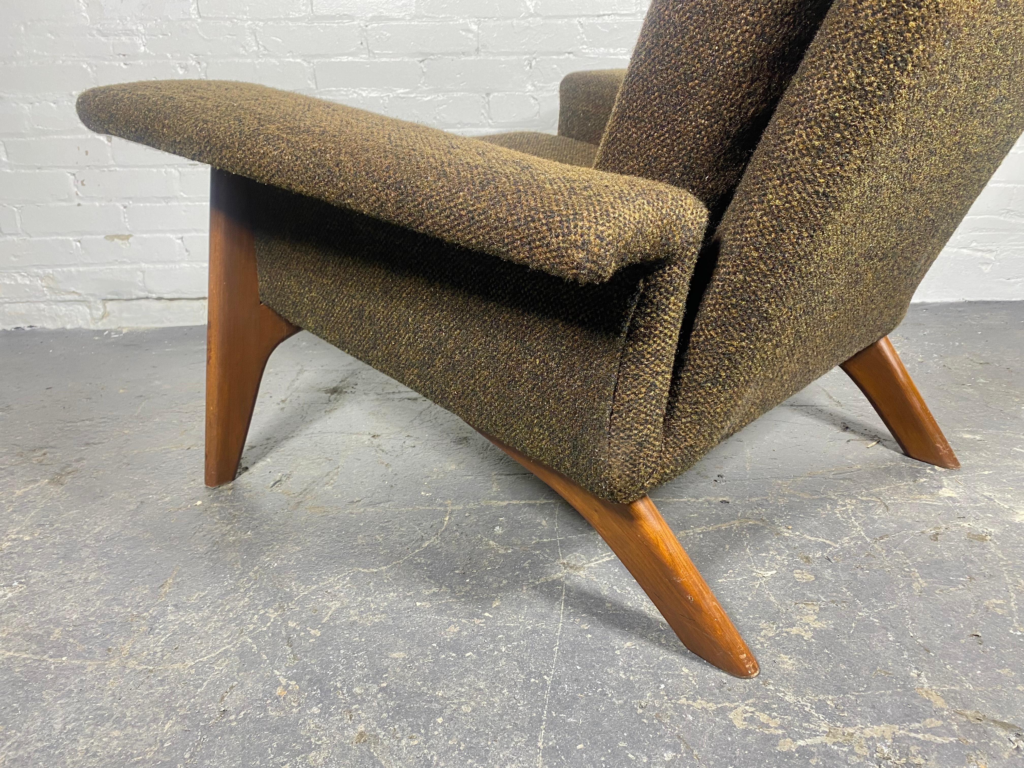 Dramatic Modernist Lounge Chair by Adrian Pearsall.Sculptural Walnut Base.. Classic Mid Century Modern design,, Wonderful form,, great lines, Extremely comfortable, Retains original brown wool fabric upholstery ,,also original finish / patina to