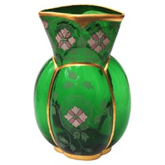 Dramatique vase monumental français Legras émaillé et doré vers 1898 Verre vert foncé