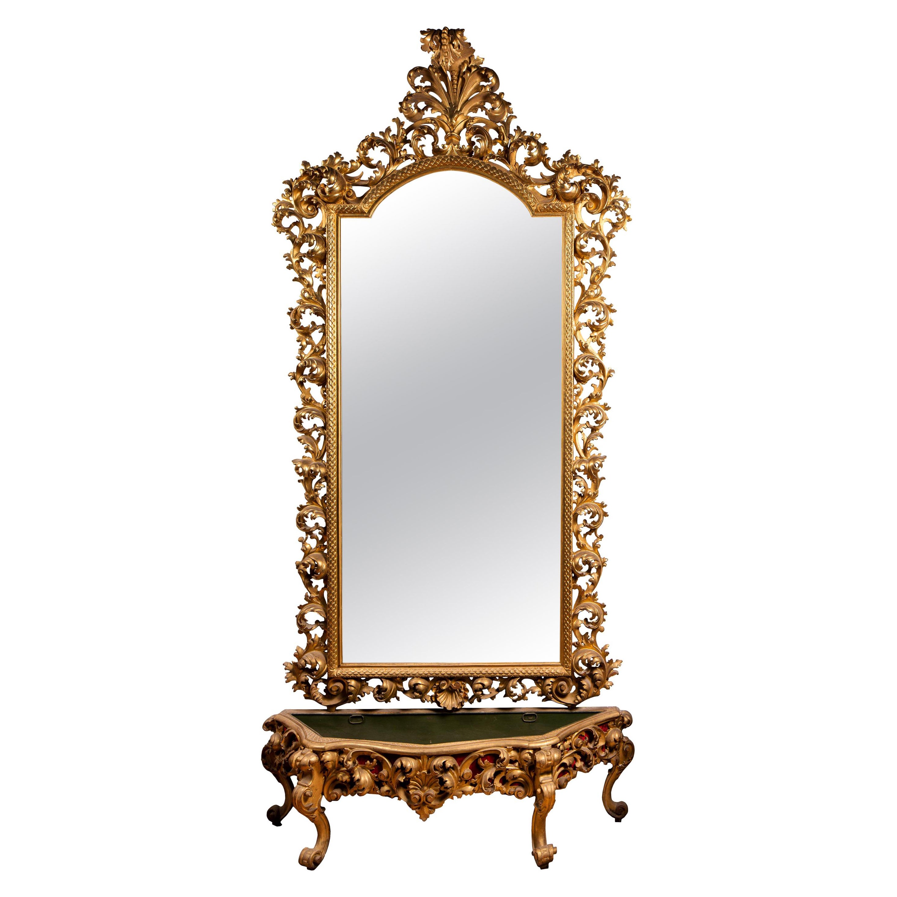 Dramatic, Monumental Rococo Florentine Giltwood Mirror with Matching Planter