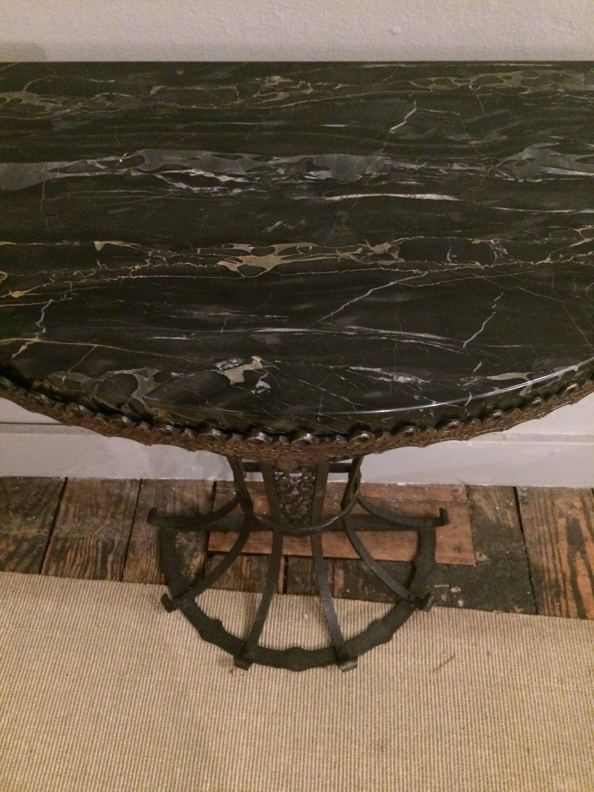 Dramatic Oscar Bach Iron and Black Marble Demilune Console Table In Good Condition In Hopewell, NJ