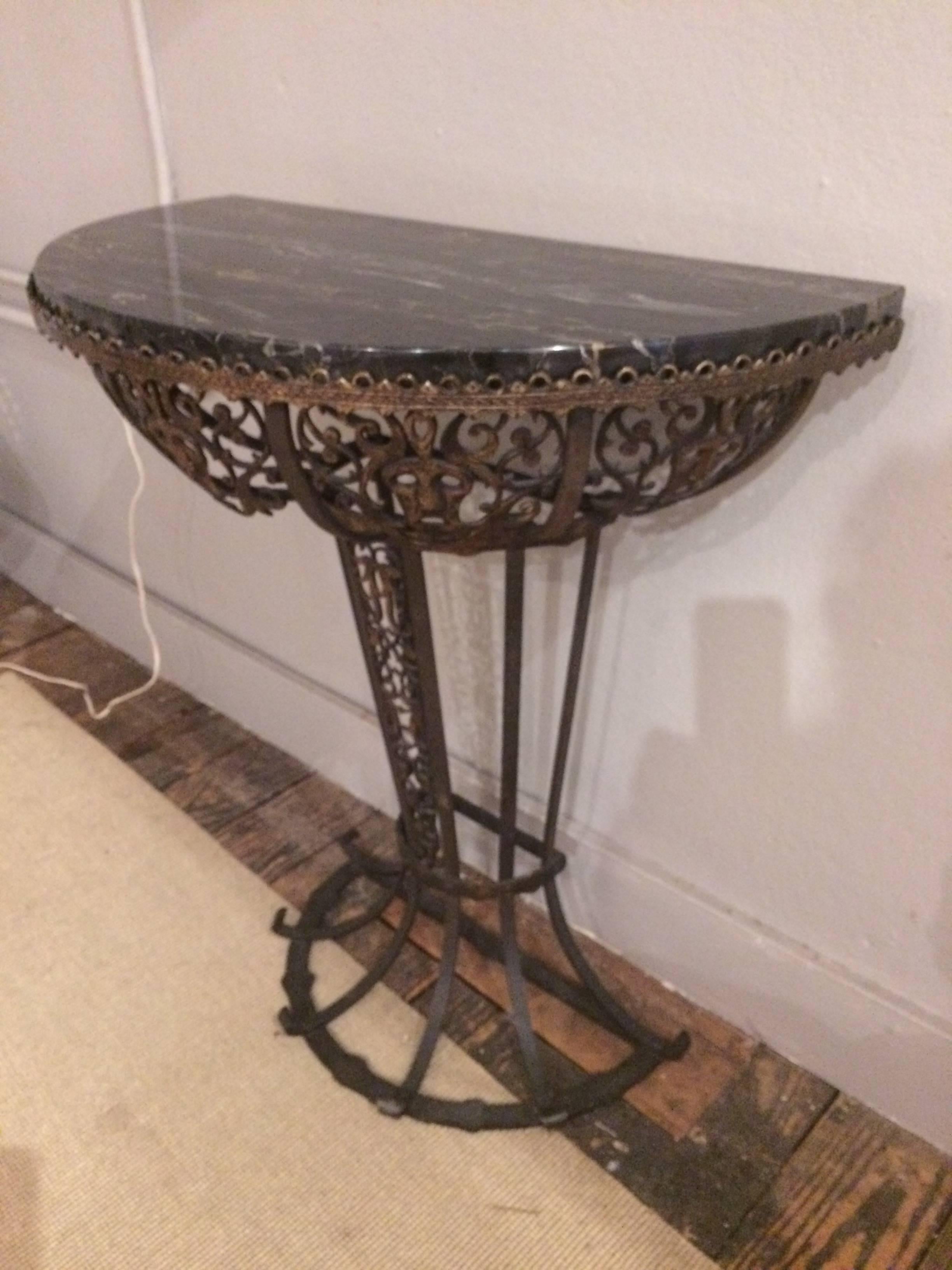 Dramatic Oscar Bach Iron and Black Marble Demilune Console Table 2