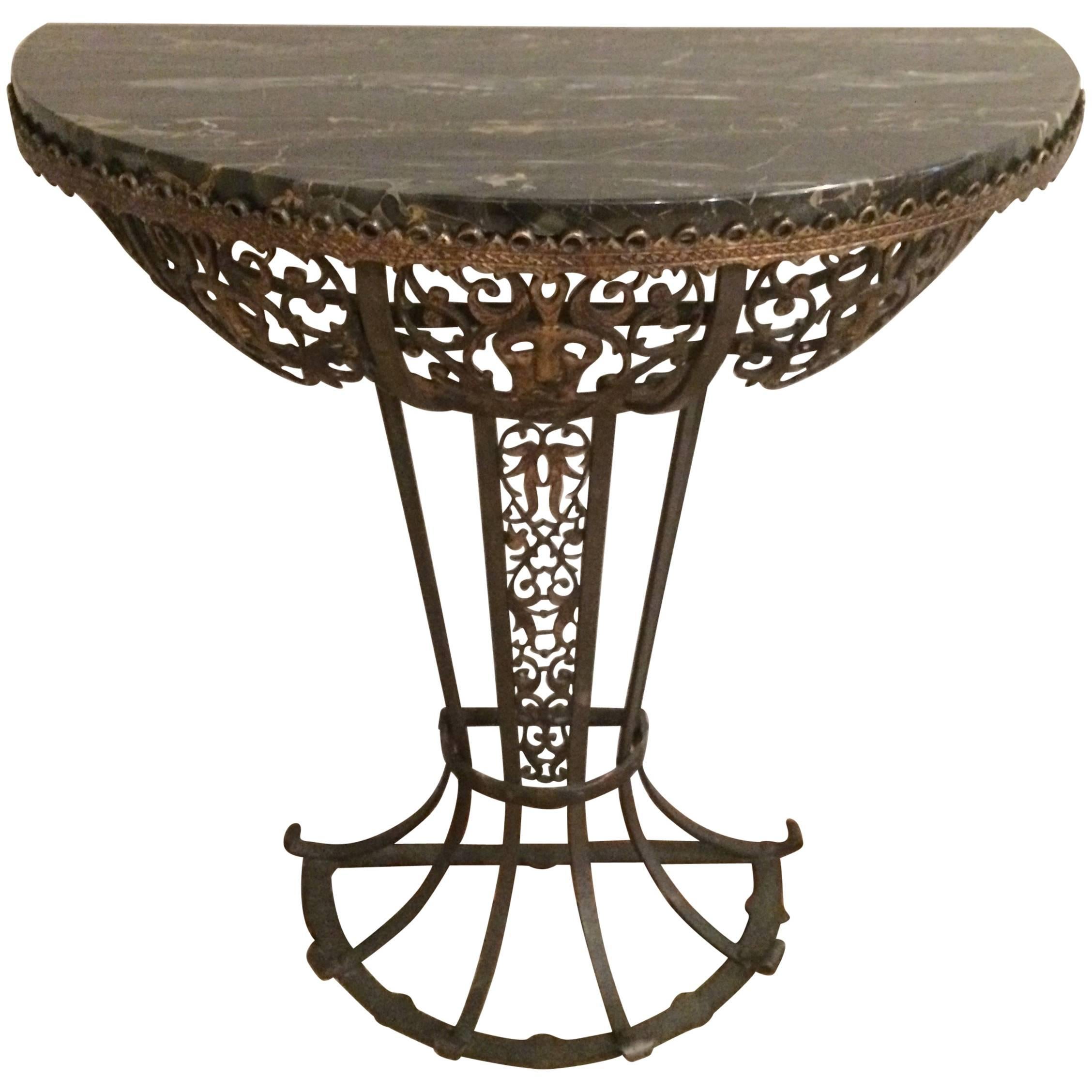 Dramatic Oscar Bach Iron and Black Marble Demilune Console Table