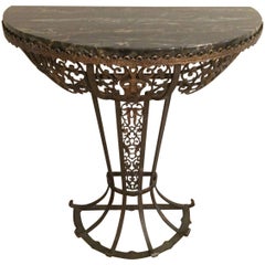 Antique Dramatic Oscar Bach Iron and Black Marble Demilune Console Table