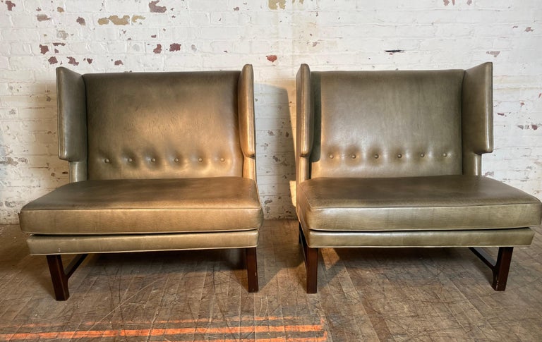 Dramatic Pair Modernist  Leather Lounge Chairs ,,GIOMETRIC WINGS,,,,attributed to Edward Wormley for Dunbar,,, Covered in a fabulous olive green leather,, very light scratches to leather,, (see photo)  have not tried to clean / treat leather.. Hand