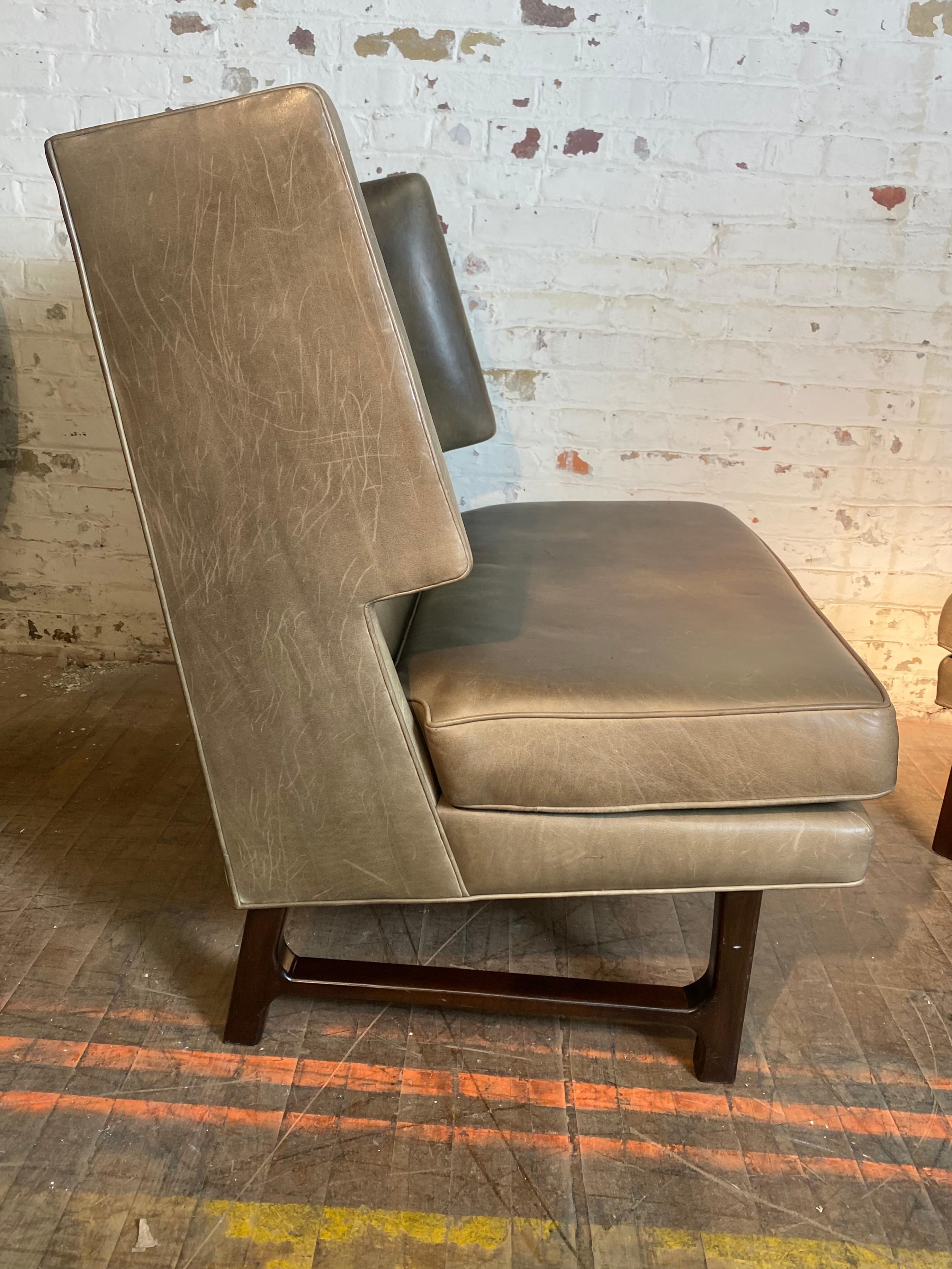 American Dramatic Pair Modernist  Leather Lounge Chairs attrib Edward Wormley /Dunbar