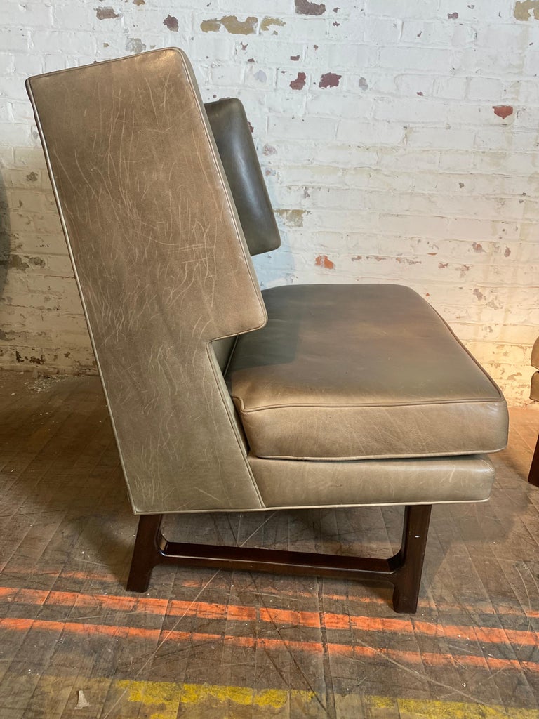 American Dramatic Pair Modernist  Leather Lounge Chairs attrib Edward Wormley /Dunbar For Sale