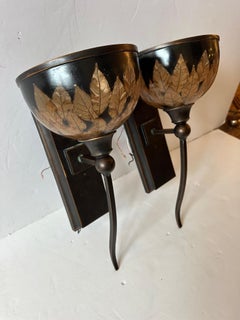 Dramatic Pair of Bronze Metal Wall Sconces with Bronze Dipped Leaves