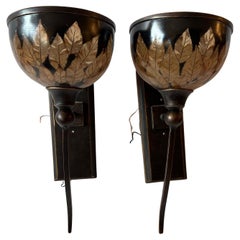 Dramatic Pair of Bronze Metal Wall Sconces with Bronze Dipped Leaves
