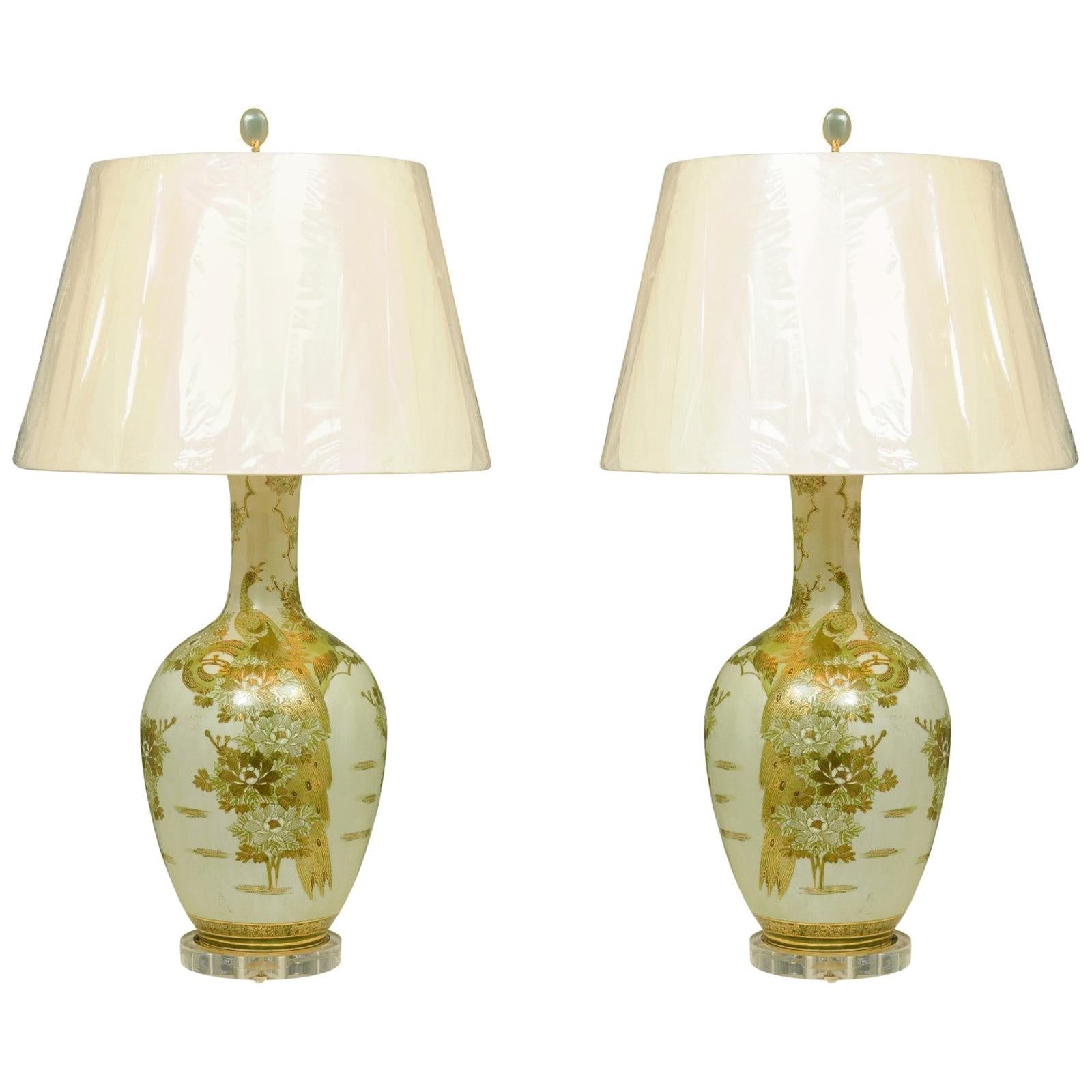 Dramatic Pair of Hand Painted Asian Lamps by Marbro, circa 1960 For Sale