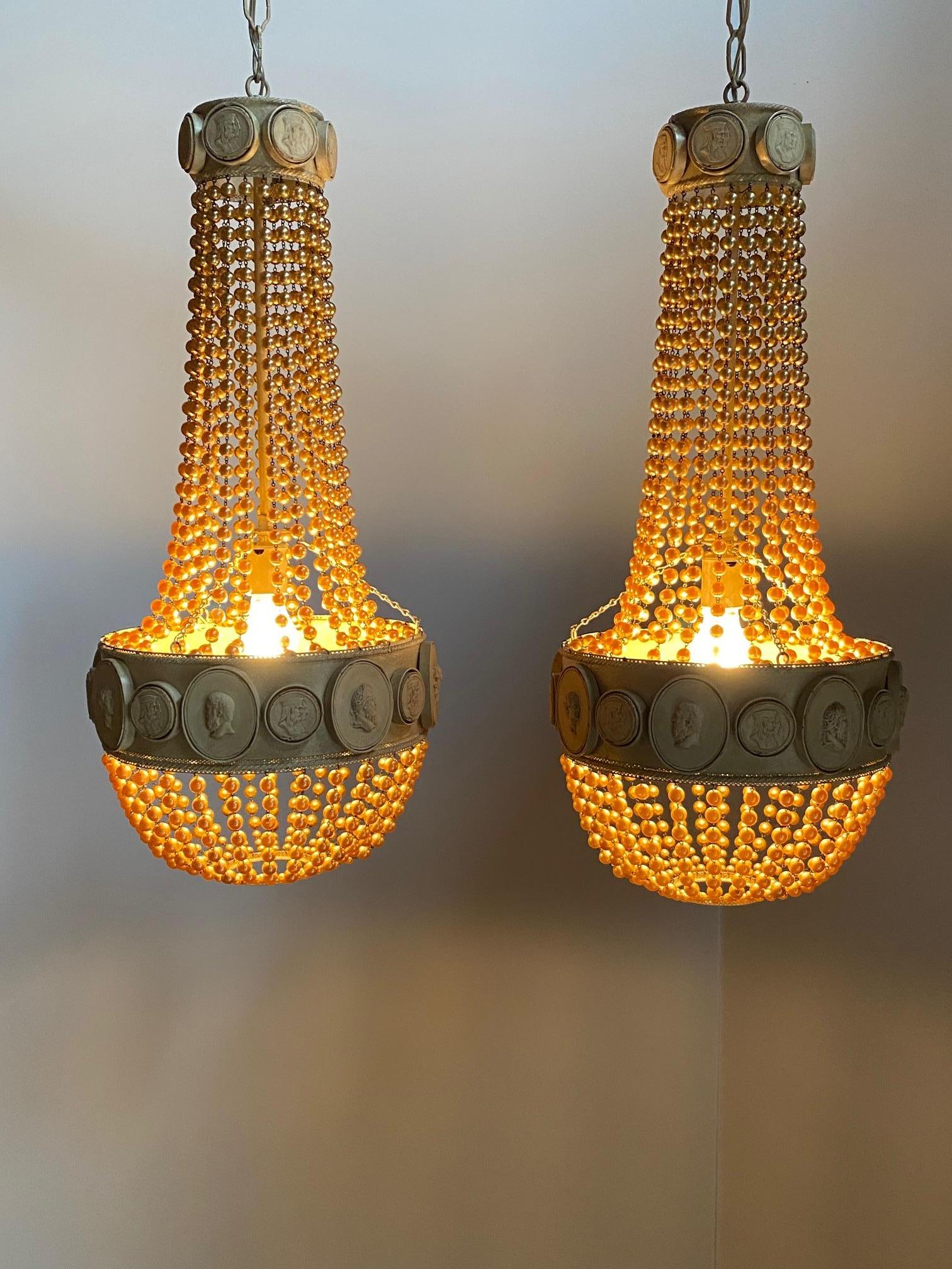 Dramatic Pair of Hollywood Regency Beaded Pendant Chandeliers For Sale 10