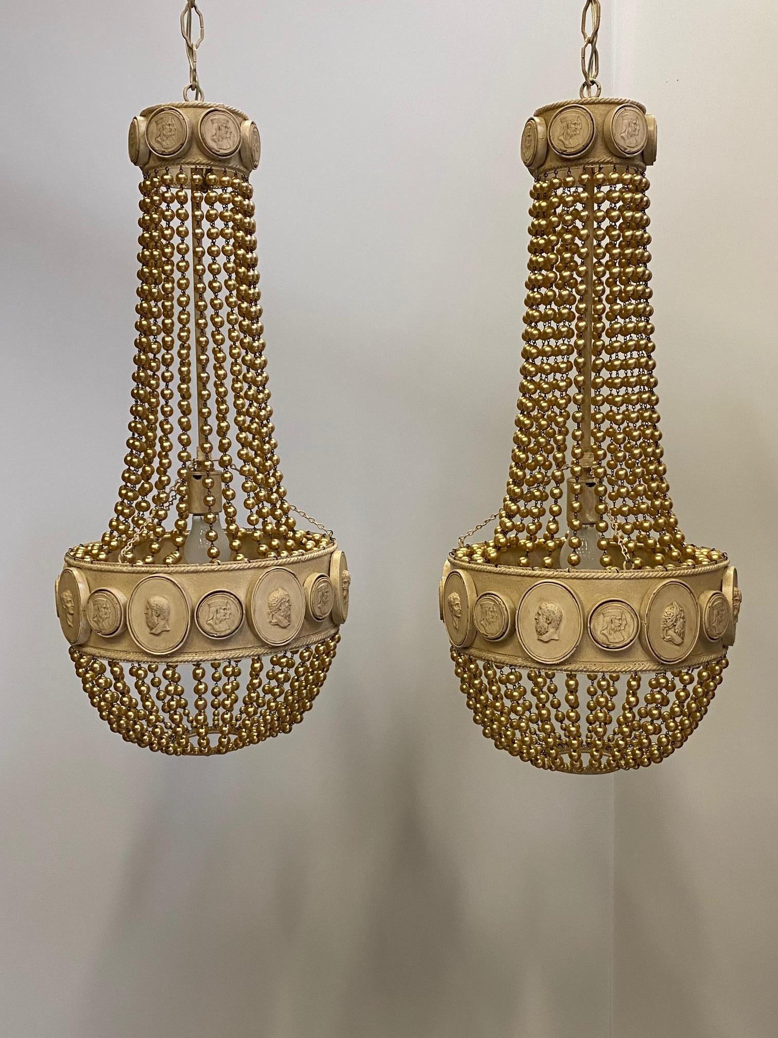 American Dramatic Pair of Hollywood Regency Beaded Pendant Chandeliers For Sale