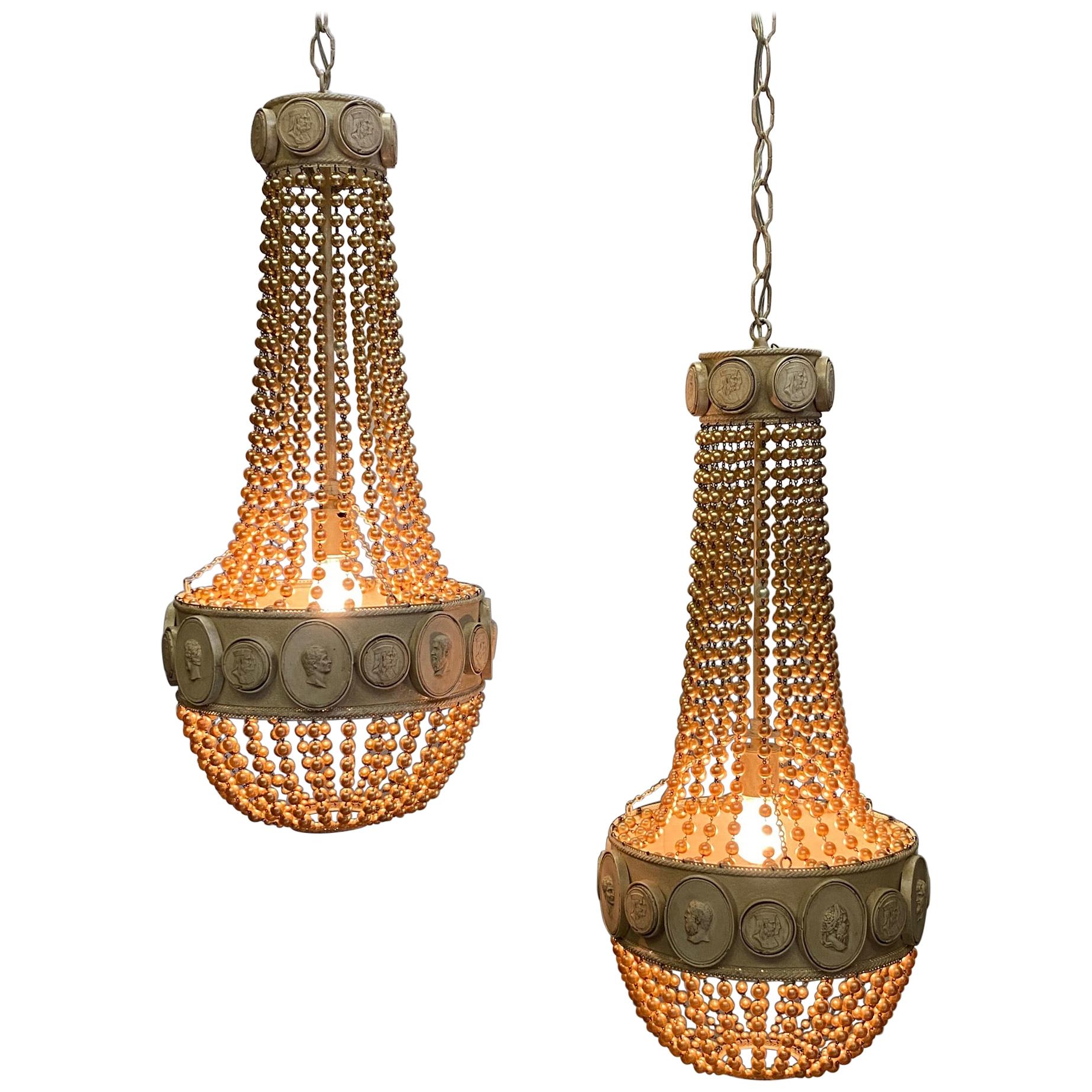 Dramatic Pair of Hollywood Regency Beaded Pendant Chandeliers For Sale