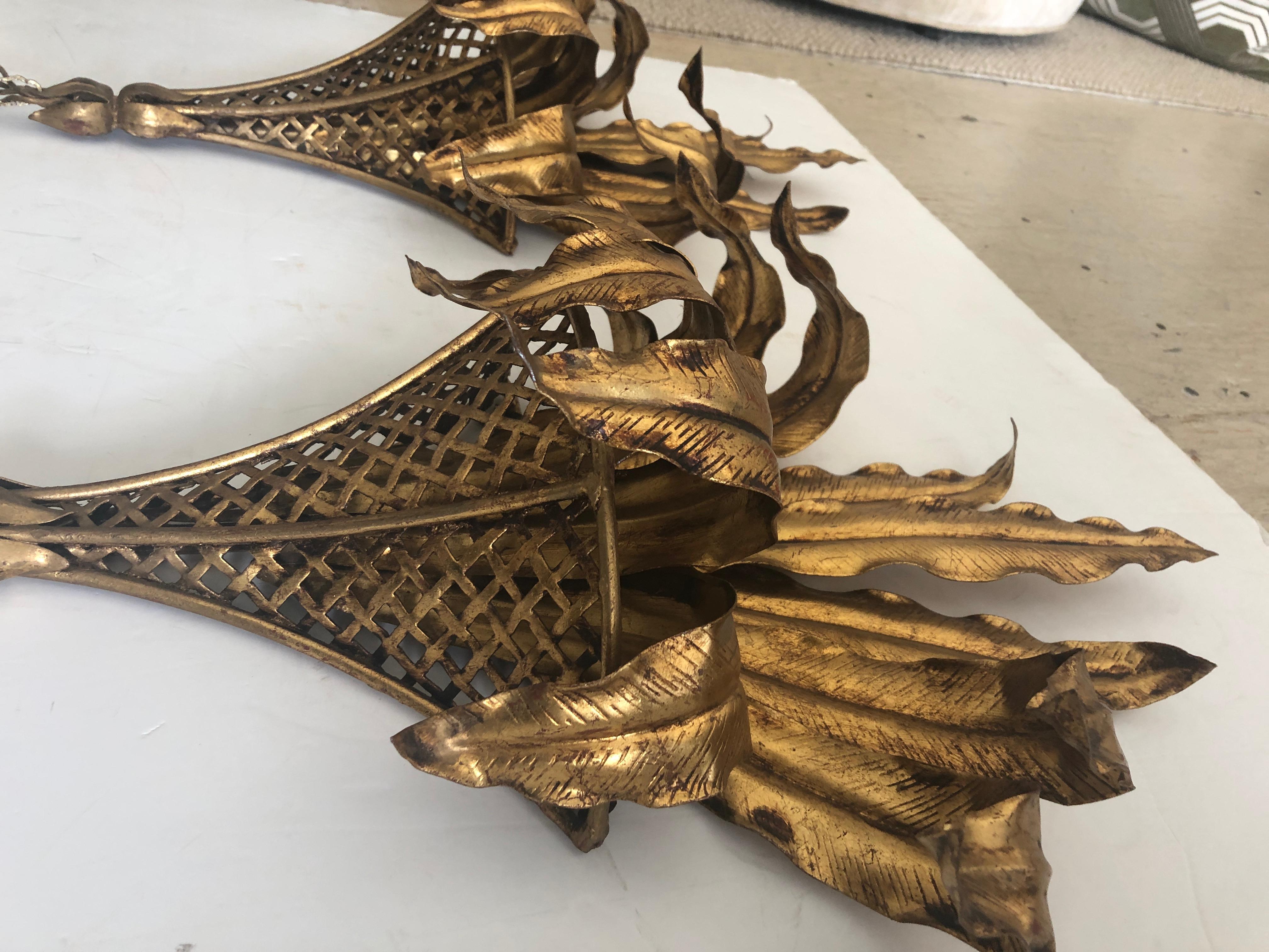 Metal Dramatic Pair of Hollywood Regeny Gold Gilt Iron Tole Banana Leaf Wall Sconces