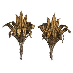 Dramatic Pair of Hollywood Regeny Gold Gilt Iron Tole Banana Leaf Wall Sconces