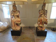 Dramatic Pair of James Mont Hollywood Regency Chinese Figural Lamps Mid-Century