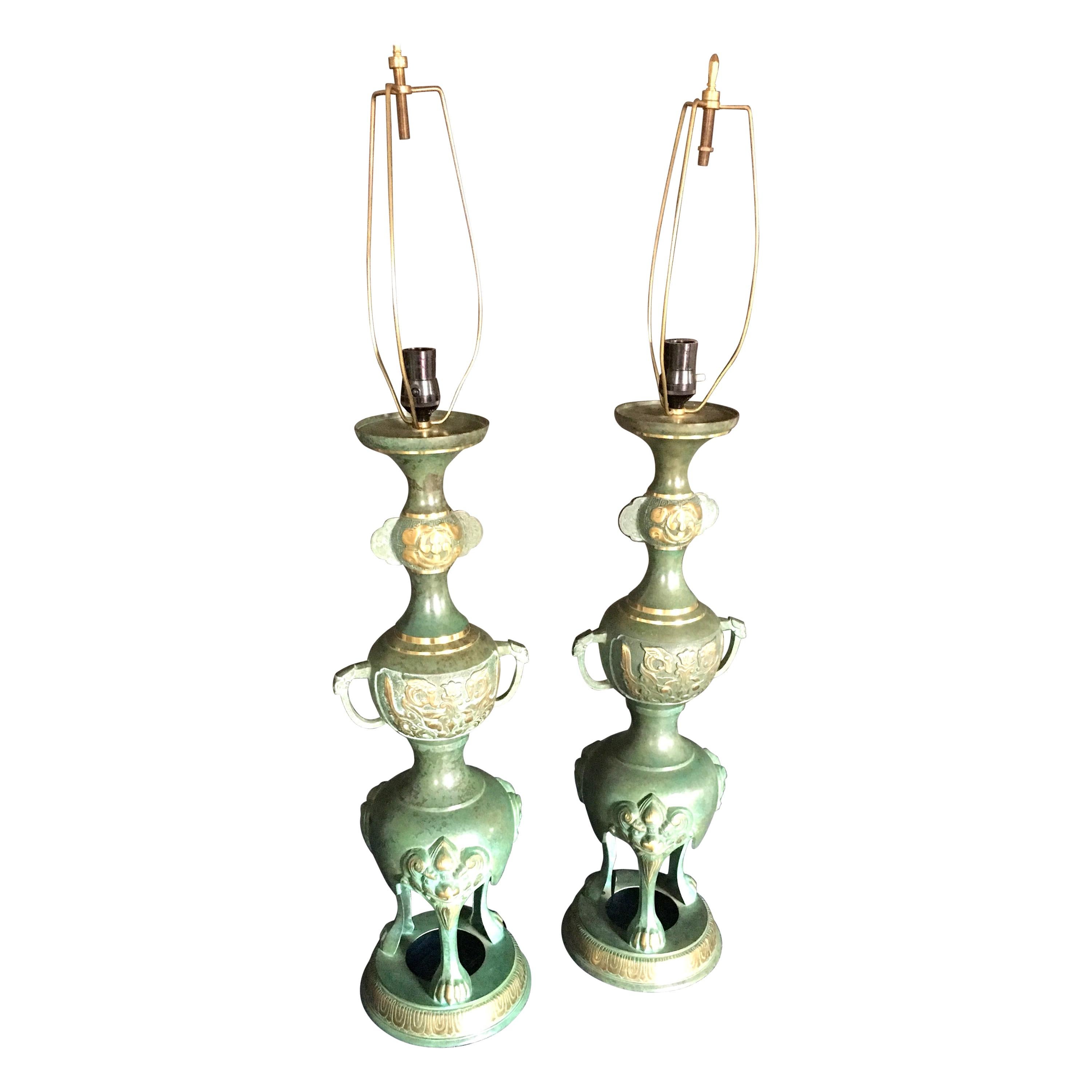 Dramatic Pair of James Mont Style Asian Lamps