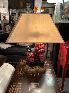 Dramatic Pair of Lacquered Carved Wood Foo Dog Table Lamps