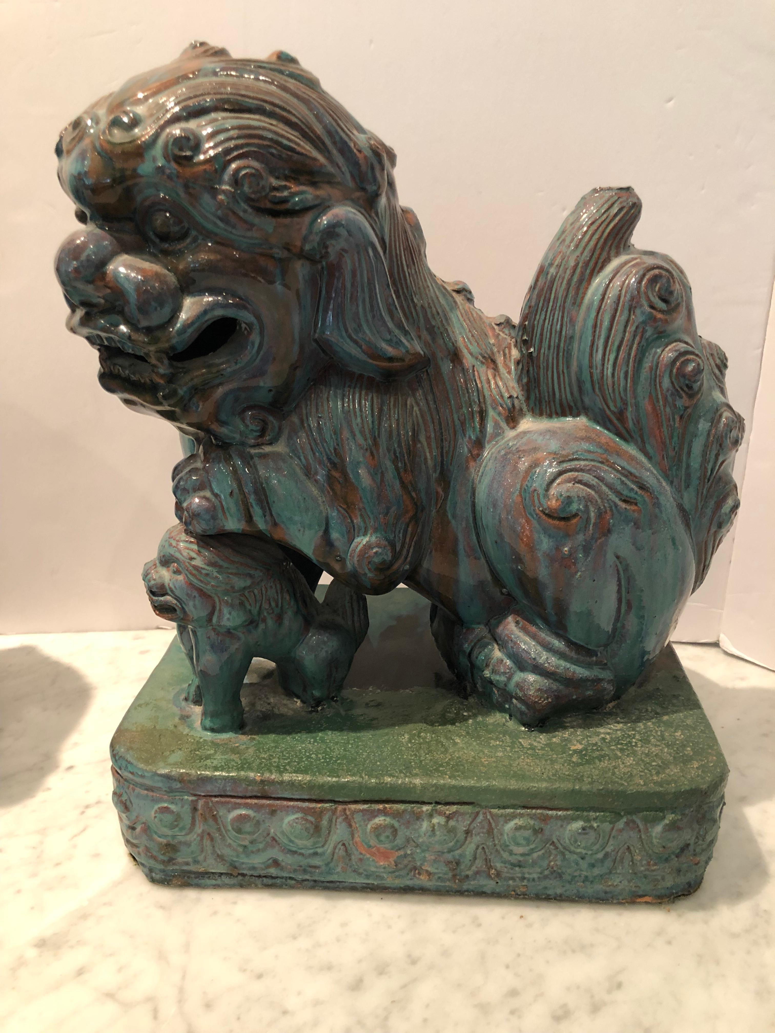 Dramatic Pair of Large Chinese Foo Dogs with Turquoise Glaze 3