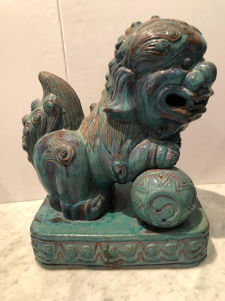 Dramatic Pair of Large Chinese Foo  Dogs  with Turquoise 