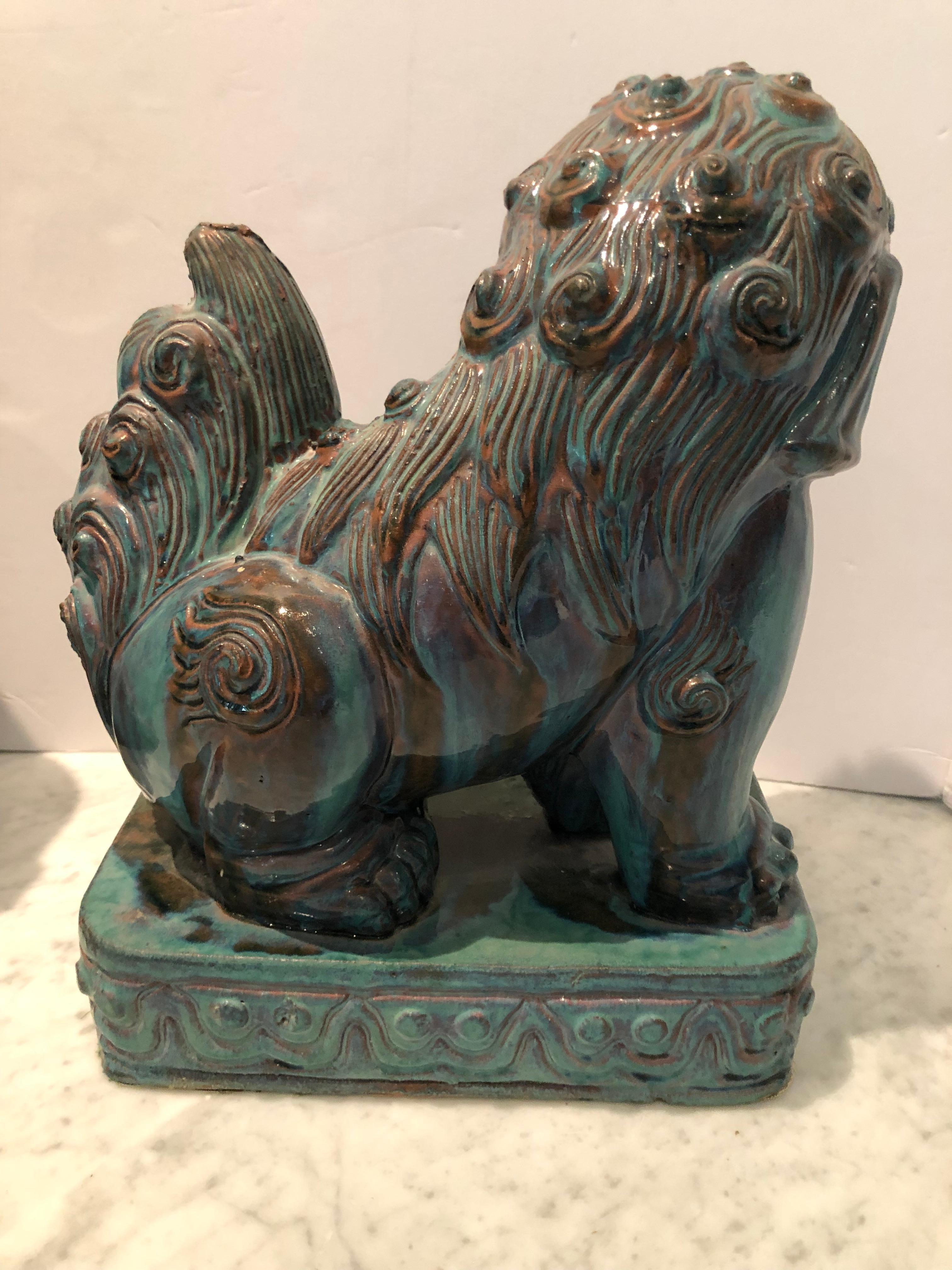 Dramatic Pair of Large Chinese Foo Dogs with Turquoise Glaze 5