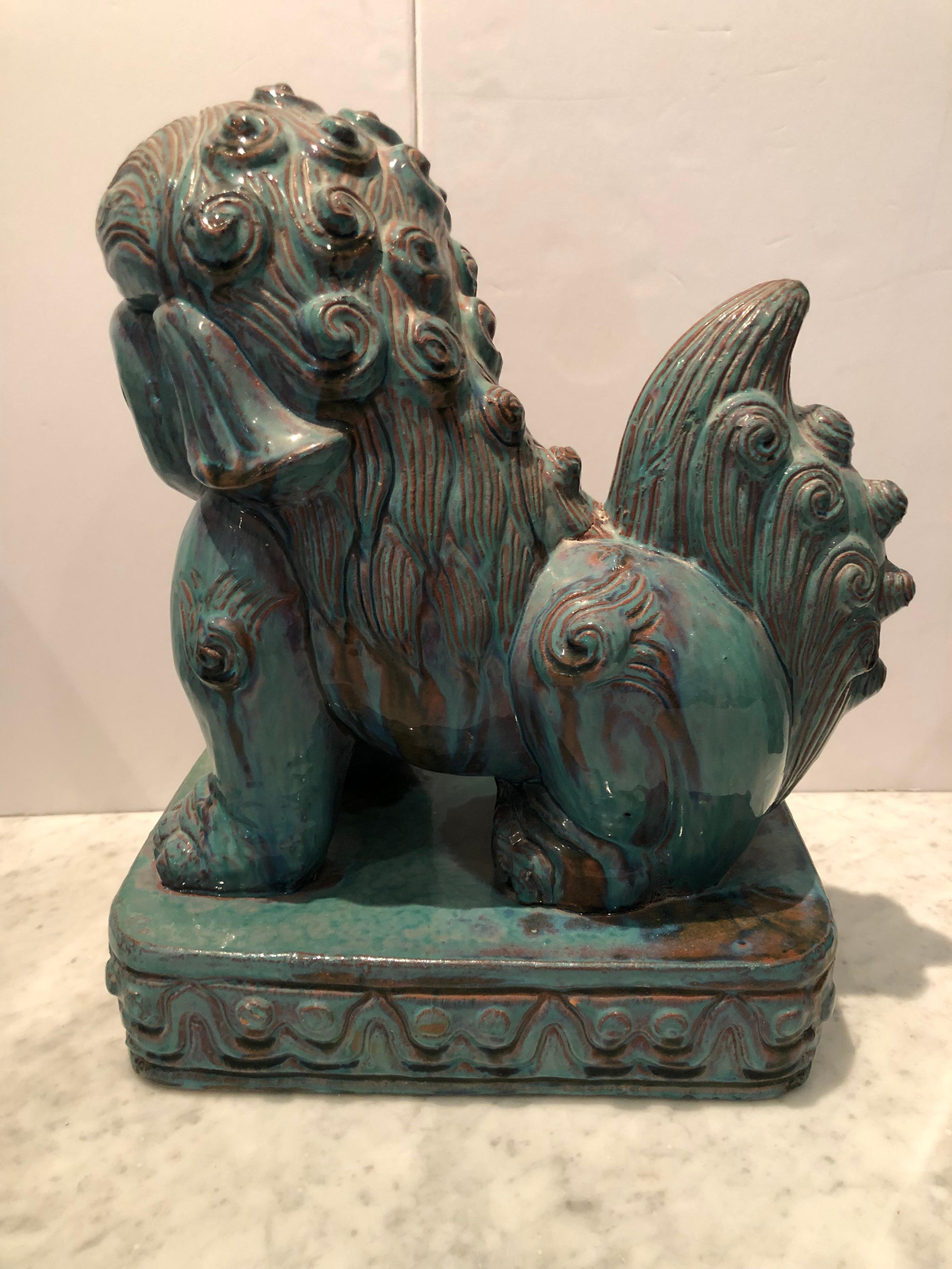 Dramatic Pair of Large Chinese Foo Dogs with Turquoise Glaze In Good Condition In Hopewell, NJ